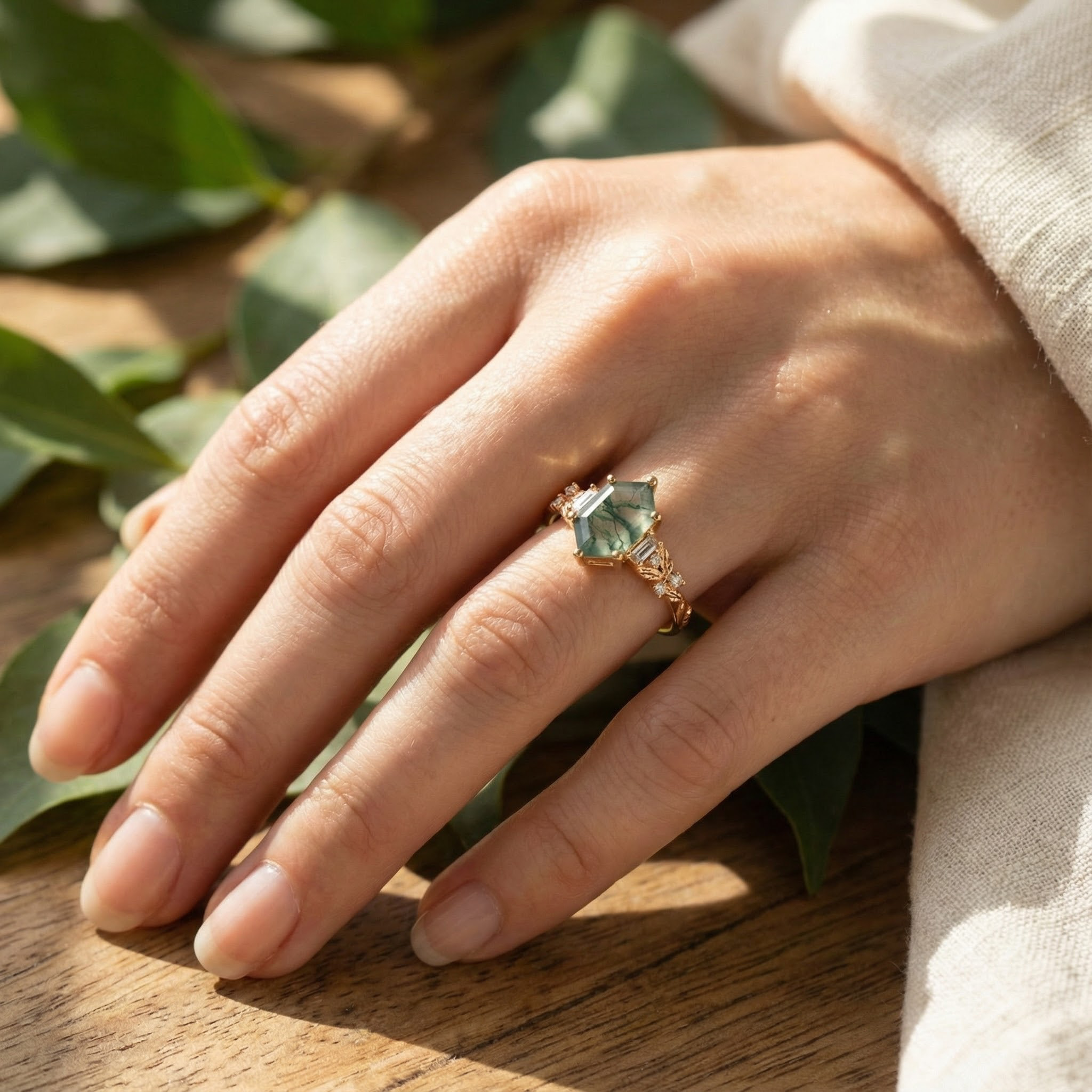 Hexagon Cut Moss Agate Engagement Ring Leaf Engagement Ring Vintage Match Ring