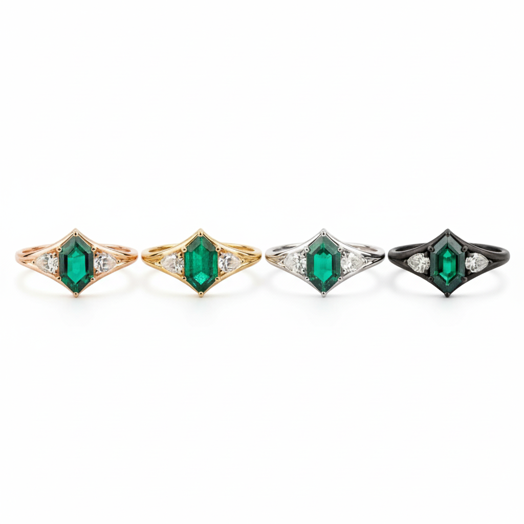 Lifestyle view of Long Hexagon Emerald Engagement Ring in Gold