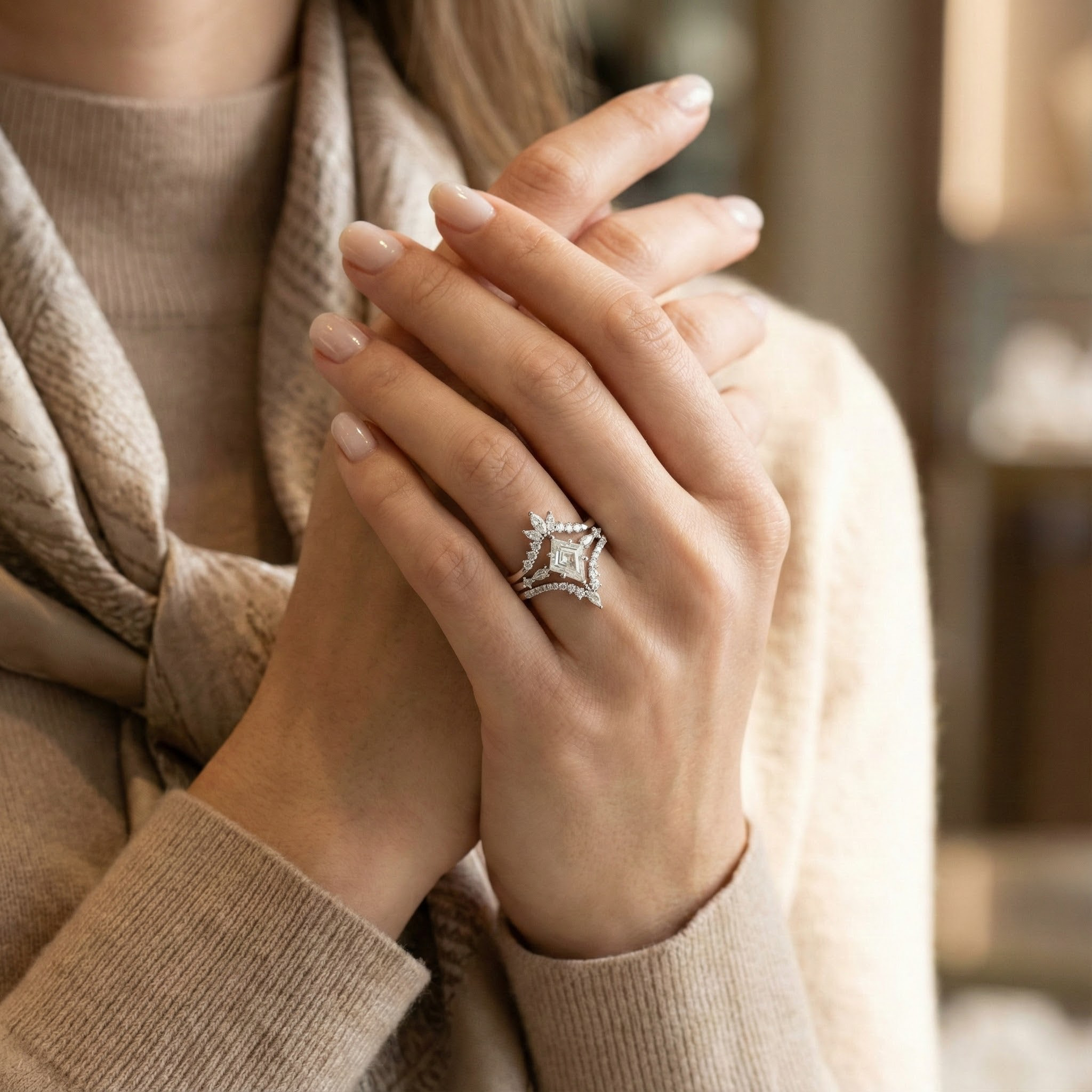 3pc Ring Set White Gold Engagement Ring Set Unique Diamond Ring Set Match Ring