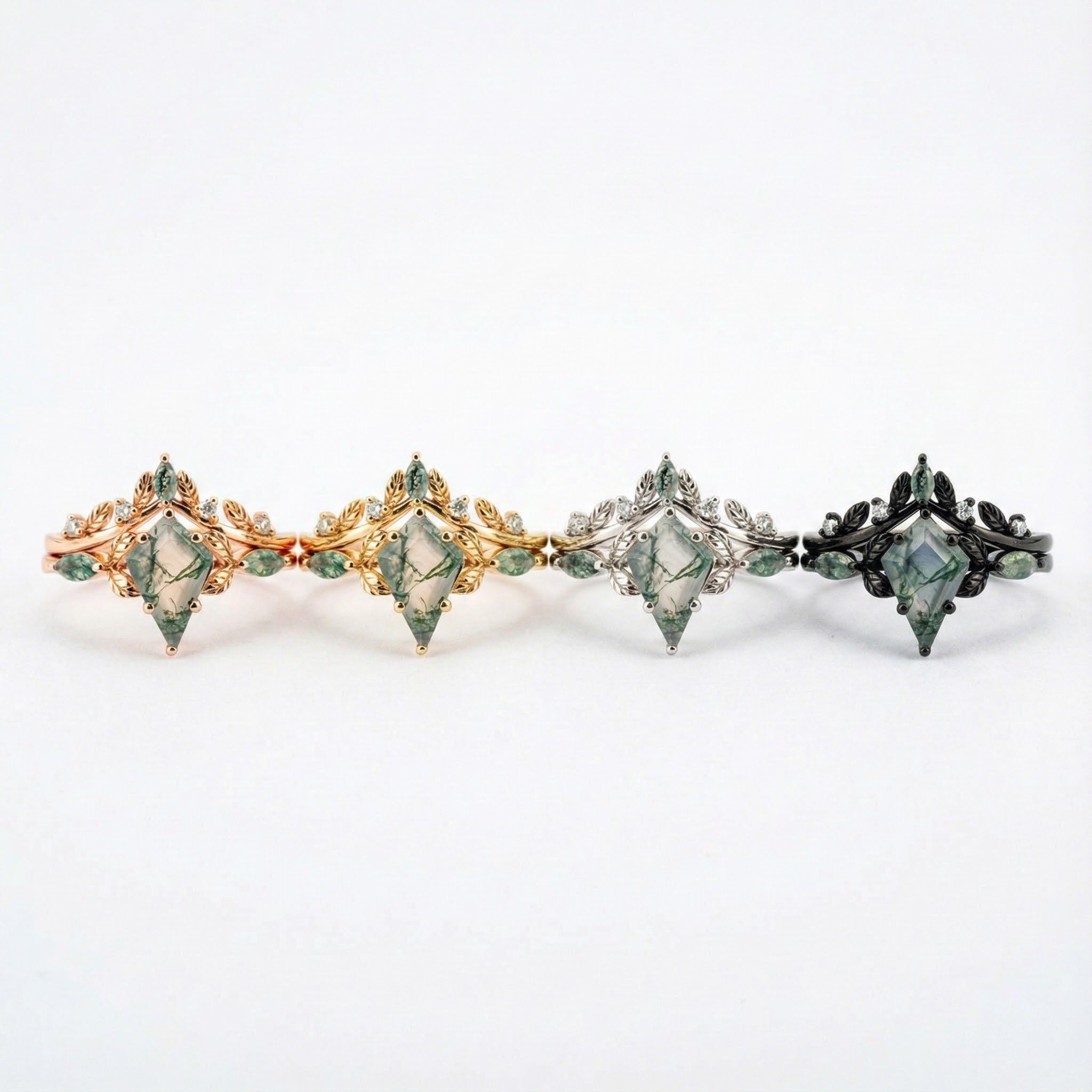 Kite Moss Agate Ring Set with intricate leaf detailing, ideal for eco-conscious fashion enthusiasts.
