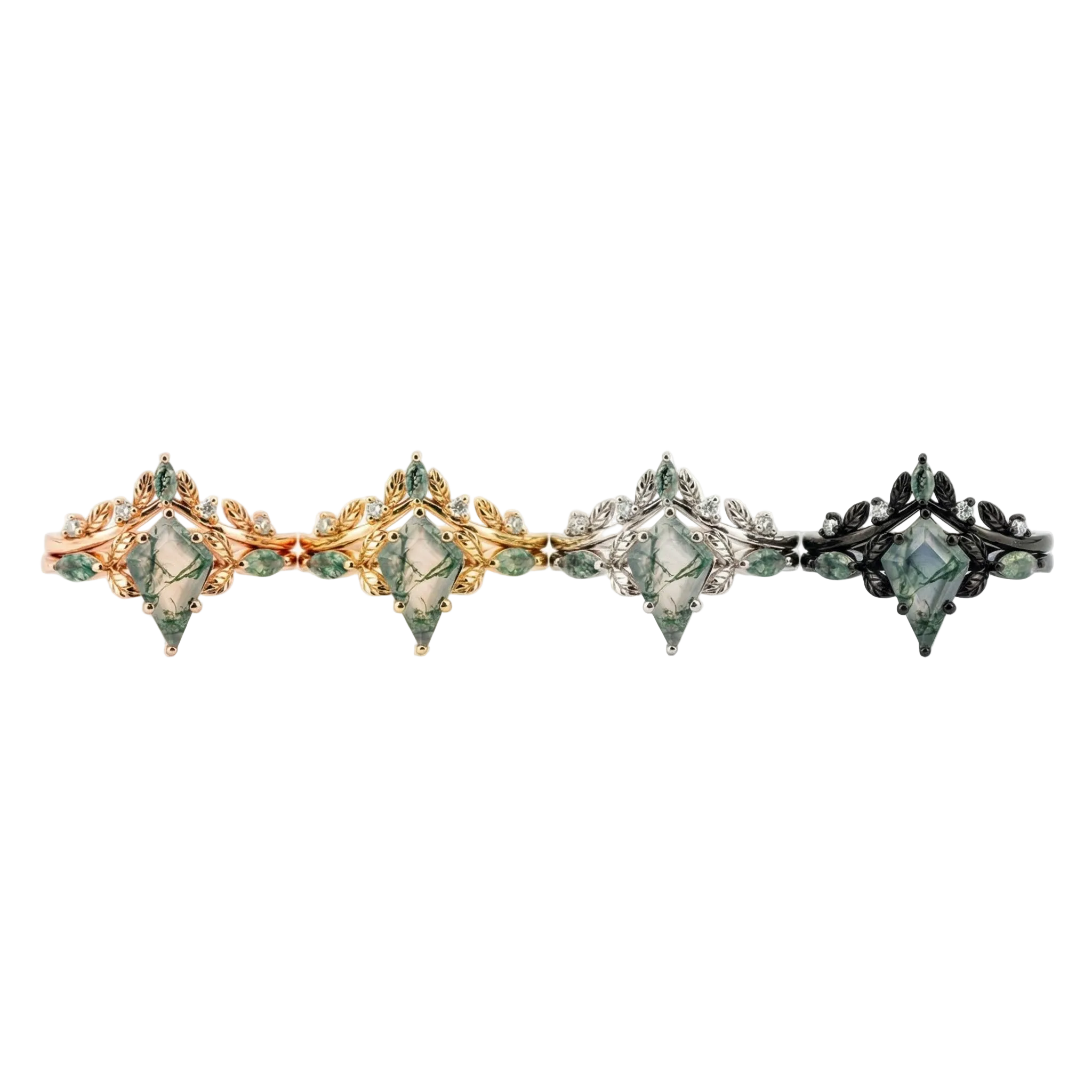 Lifestyle view of Kite Cut Moss Agate Ring Set in Gold