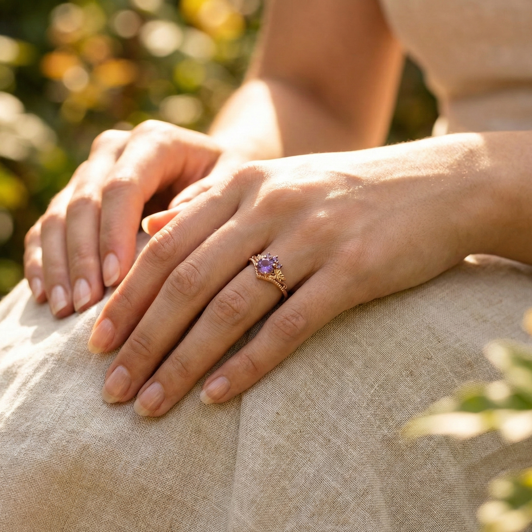 Vintage Leaf Round Amethyst Gold Ring.