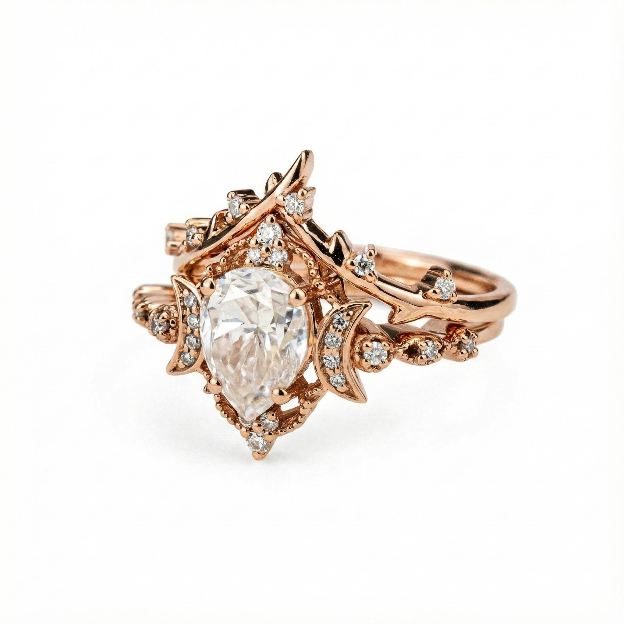 Pear Shape Moissanite Ring Set Nature Inspired Design Leaf Ring