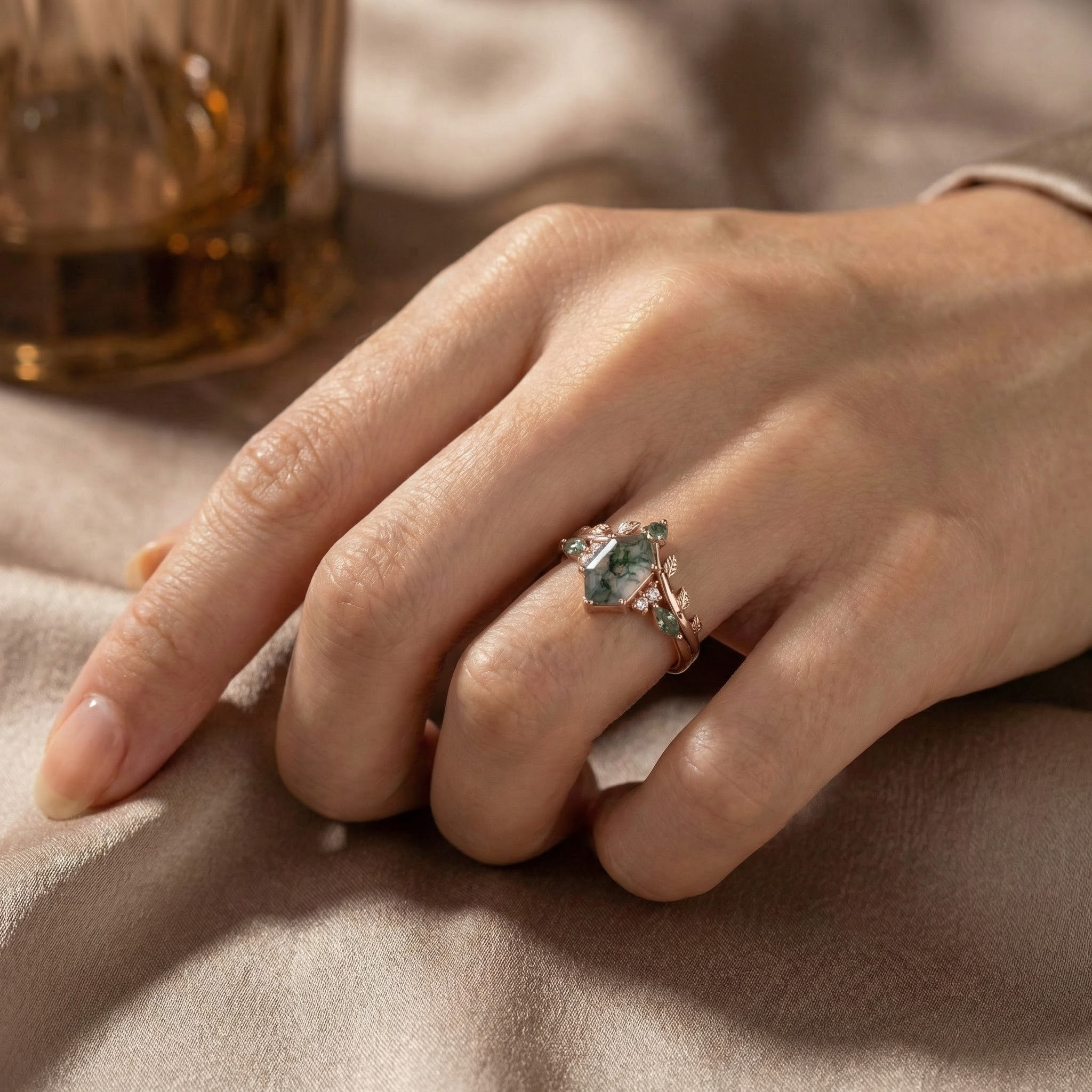 Nature-inspired Moss Agate Ring Set enhancing beauty with its long hexagonal design