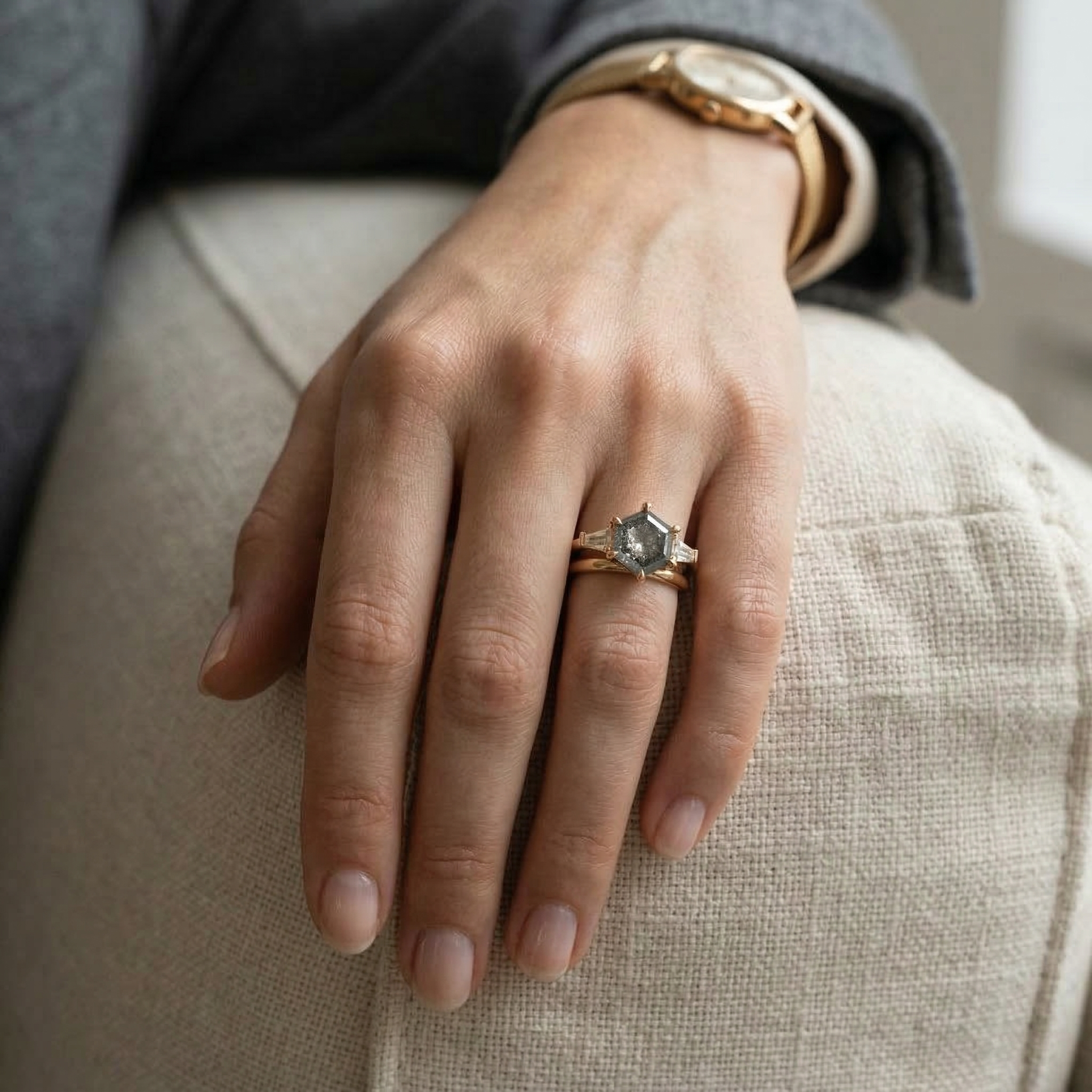 Detailed view of Hexagon Salt and Pepper Diamond Engagement Ring in Gold