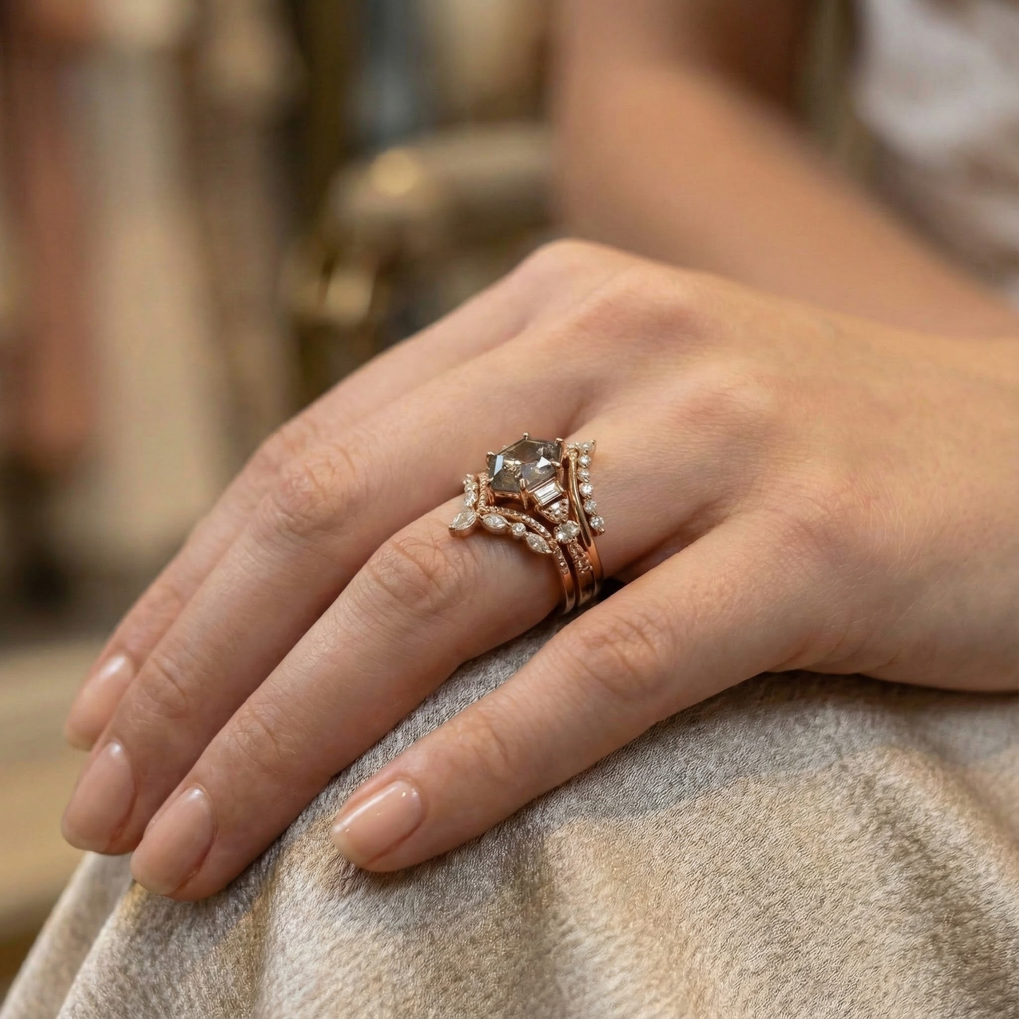 Detailed view of Long Hexagon Salt and Pepper Diamond Ring Set in Gold