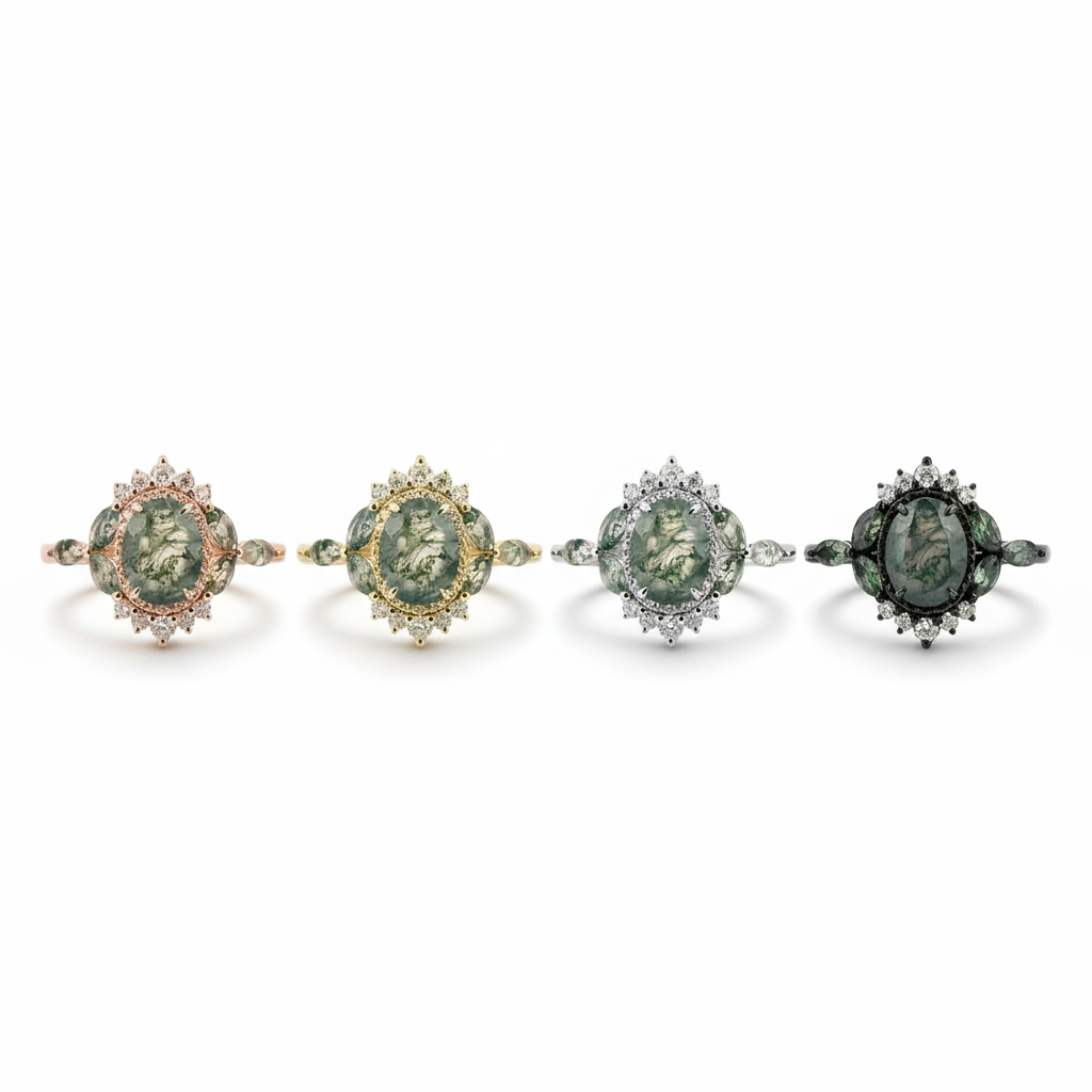 Detailed view of Oval Moss Agate Ring in White Gold