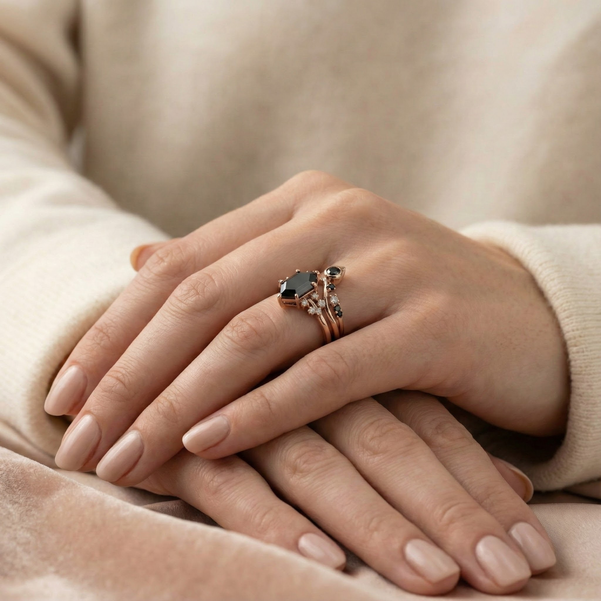 Black Onyx Ring - Luxurious Long Hexagon Set