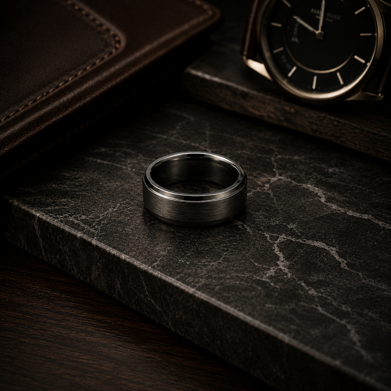 Upright black gold brushed men’s band with polished beveled edges