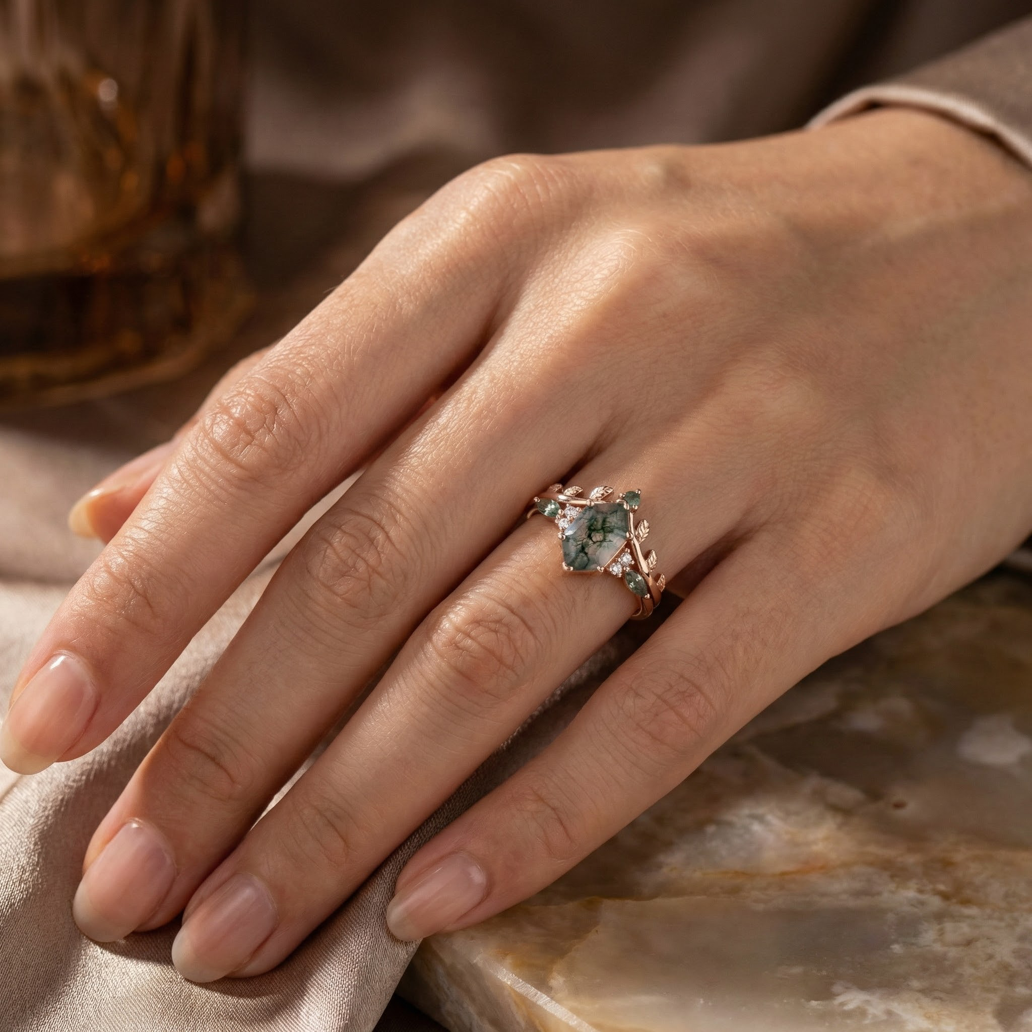 Detailed view of Long Hexagon Moss Agate Ring Set in Gold
