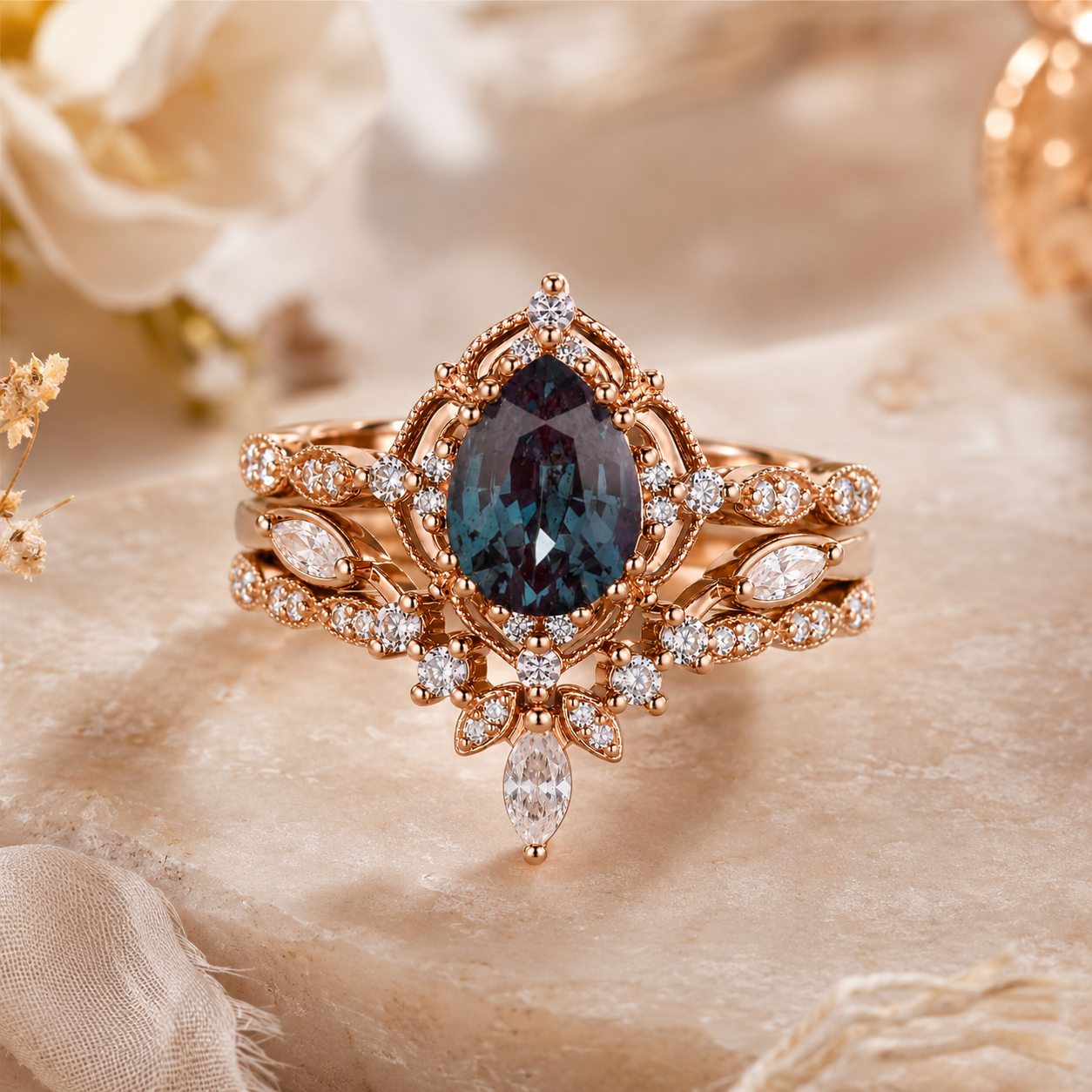 Pear Alexandrite Bridal Ring Set Vintage Rose Gold Engagement Ring Set with Moissanite Accents