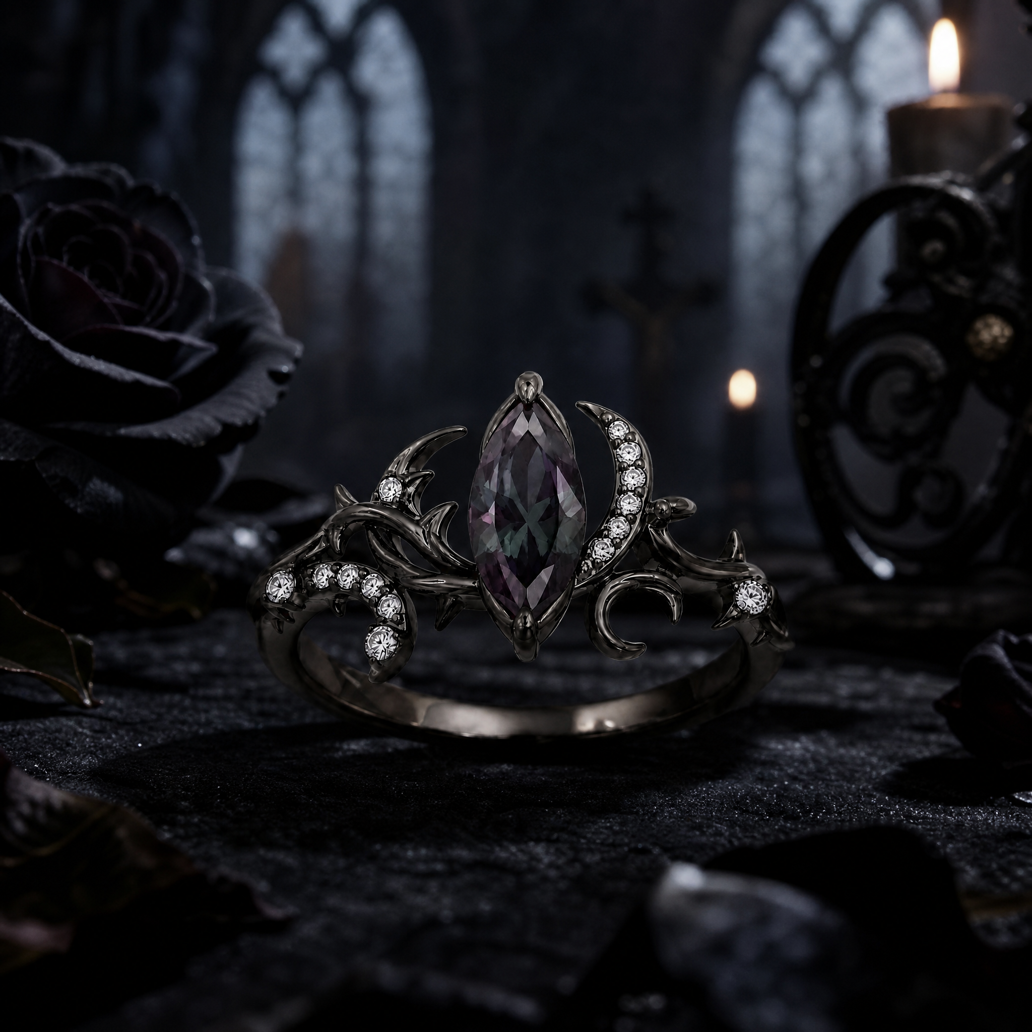 Marquise Alexandrite Gothic Ring with Moissanite Accents