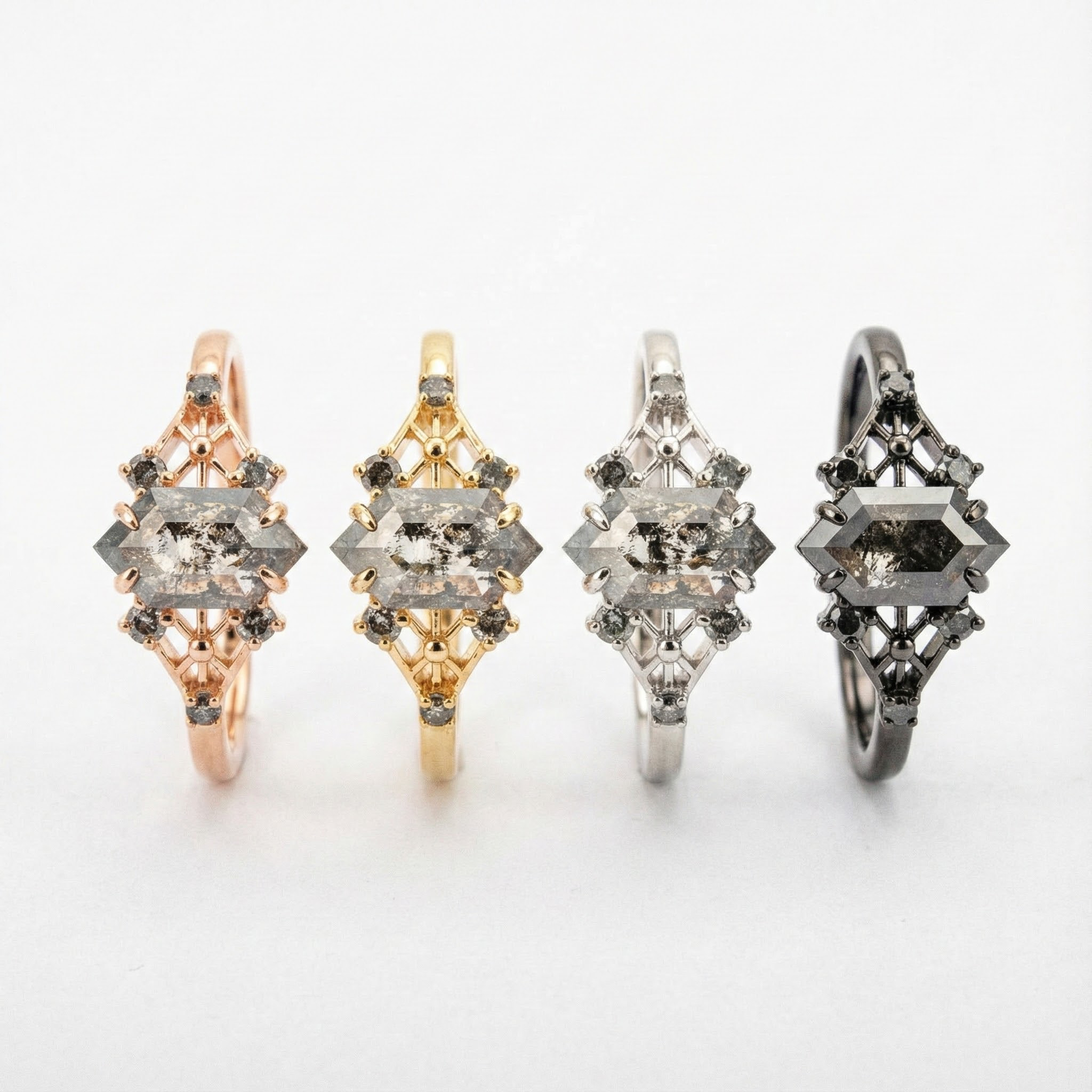 1 Carat Long Hexagonal Salt and Pepper Diamond Engagement Ring Personalized Engagement Rings