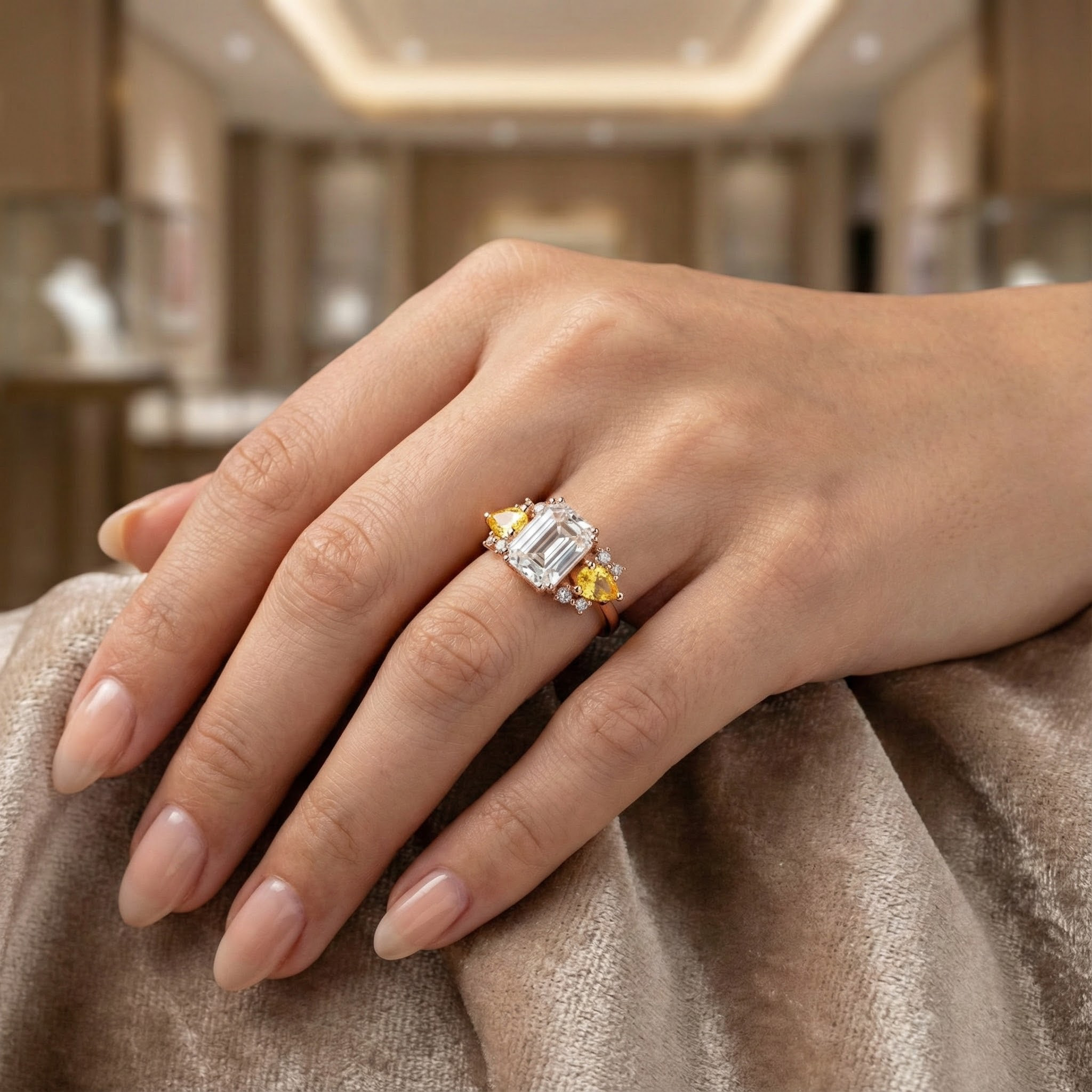 2 Carat Luxurious Rectangular Moissanite and Citrine Unique Rose Gold Engagement Ring