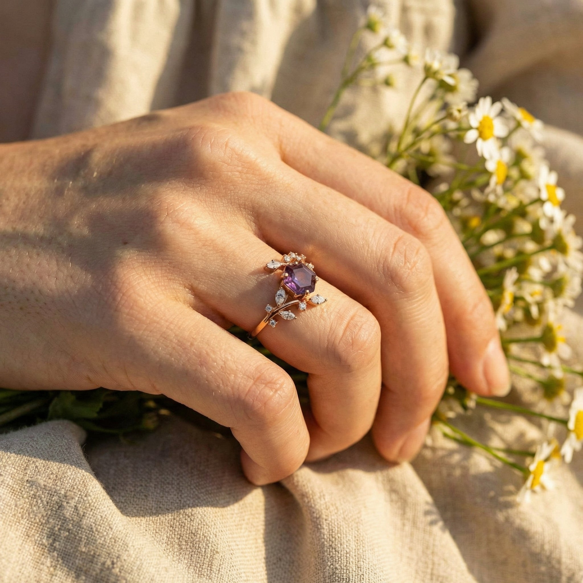 Hexagon Lab Alexandrite Leaf Ring With Moissanite.