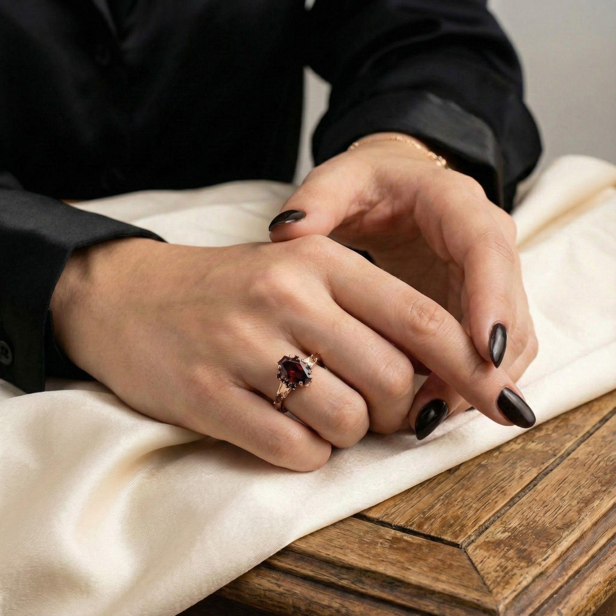 Coffin Garnet with Black Onyx Rose Gold Statement Ring Set Special Engagement Ring