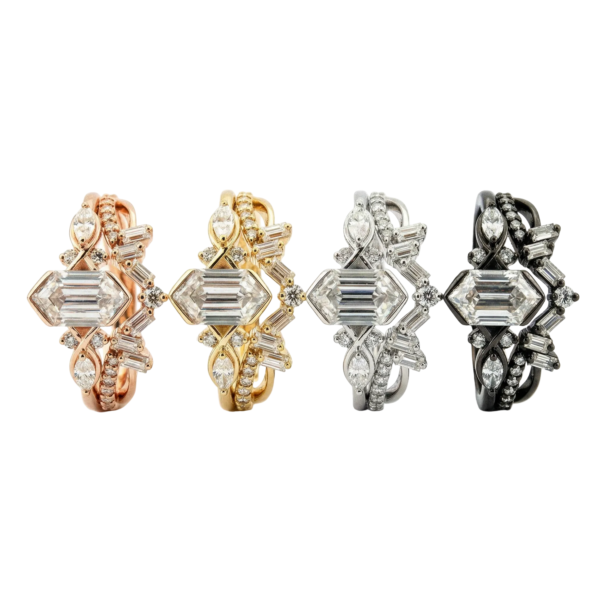 Lifestyle view of Long Hexagon Moissanite Ring Set in Gold