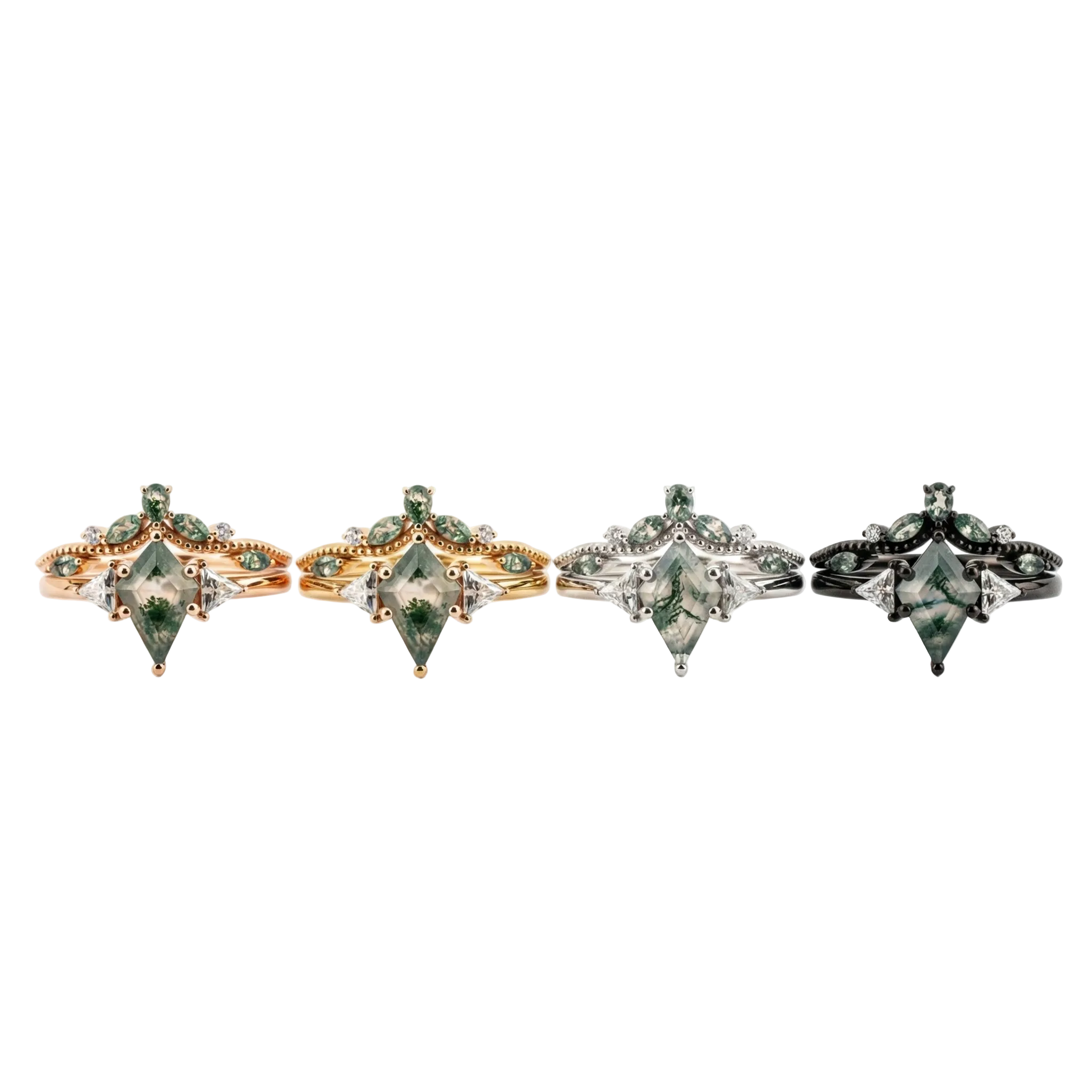 Lifestyle view of Kite Cut Moss Agate Ring Set in Gold