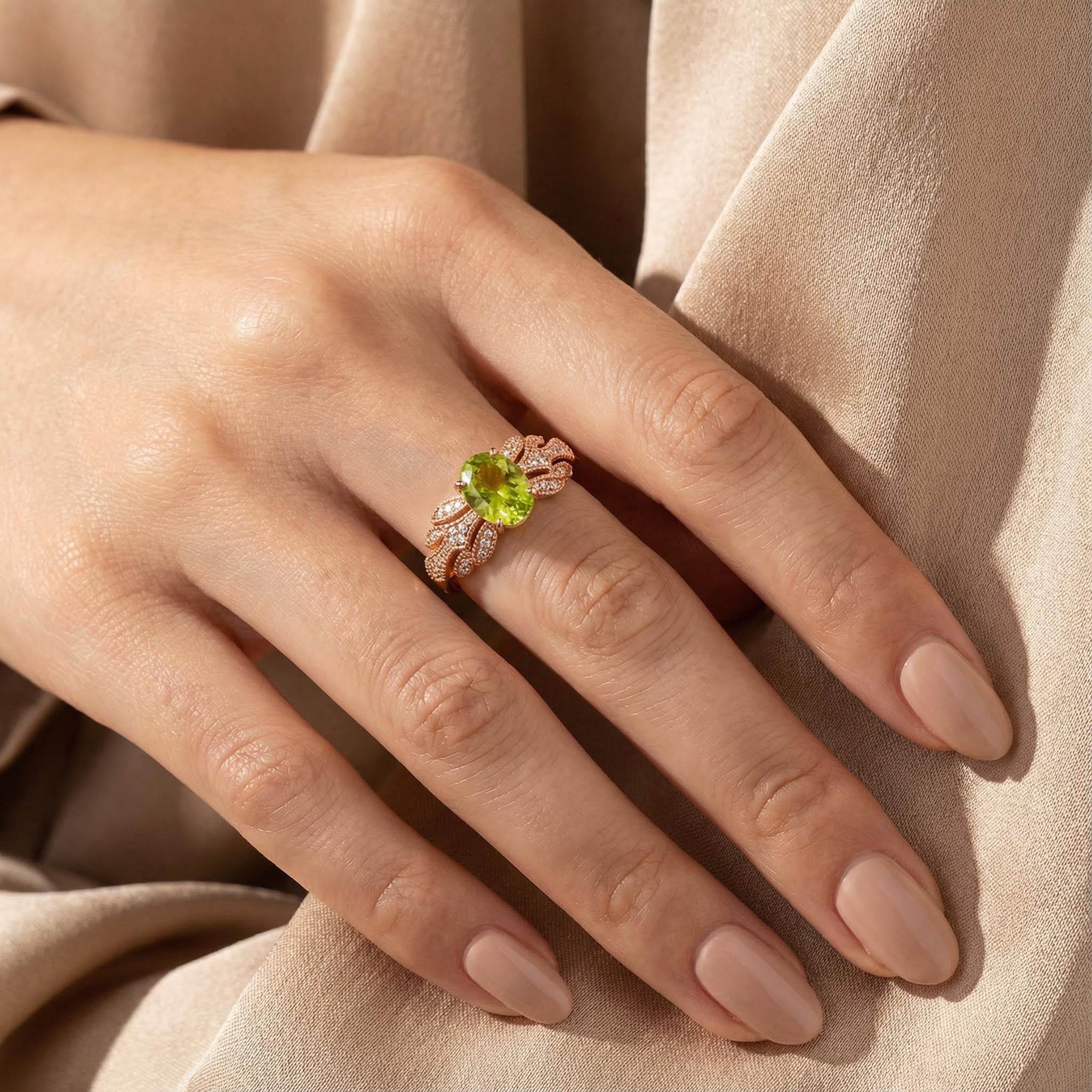 AETHER - Fireworks Cut Oval Peridot Rose Gold Moissanite Ring Green Gems Ring