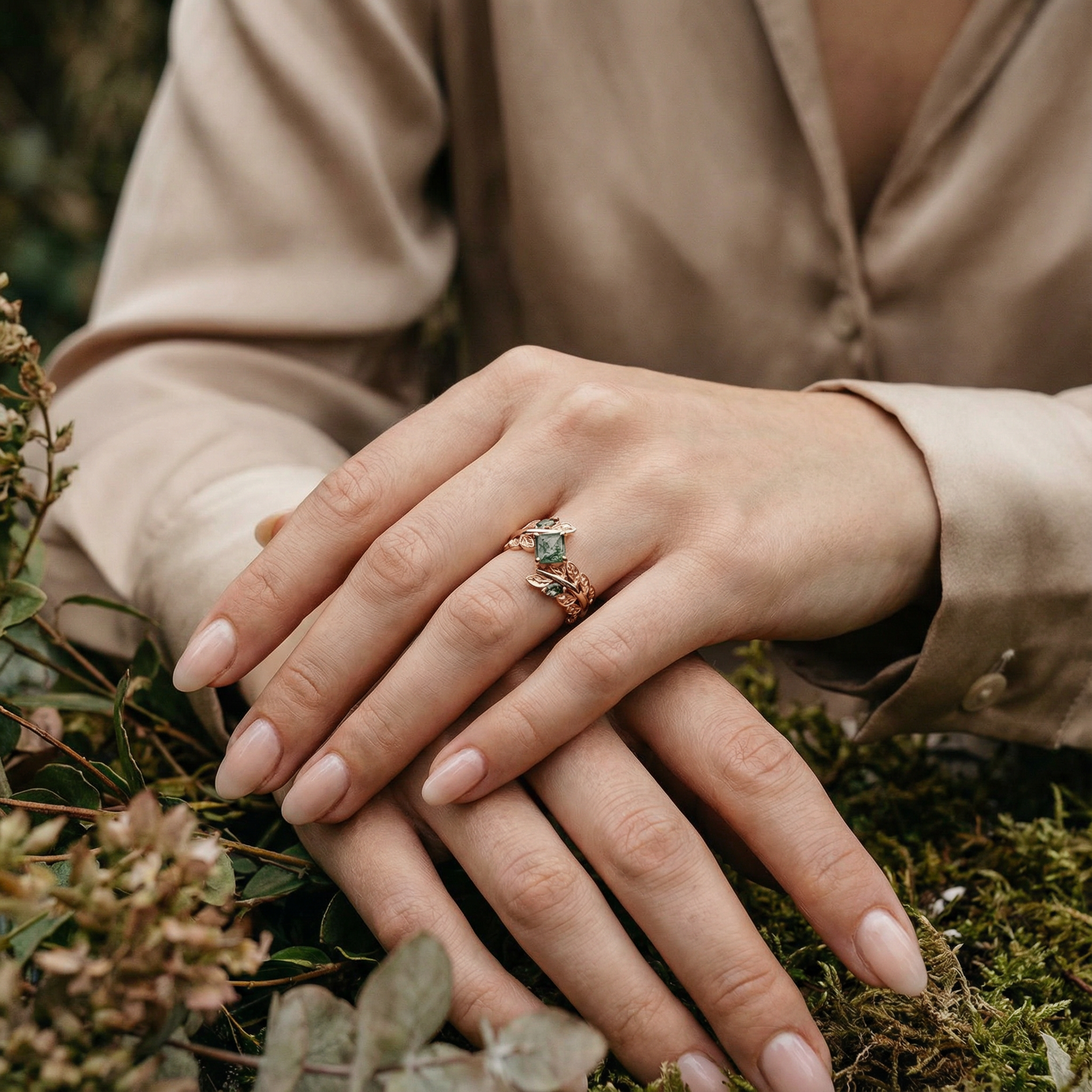 PETALIS - Princess Moss Agate Wedding Rose Gold Leaf Ring Floral Engagement Ring