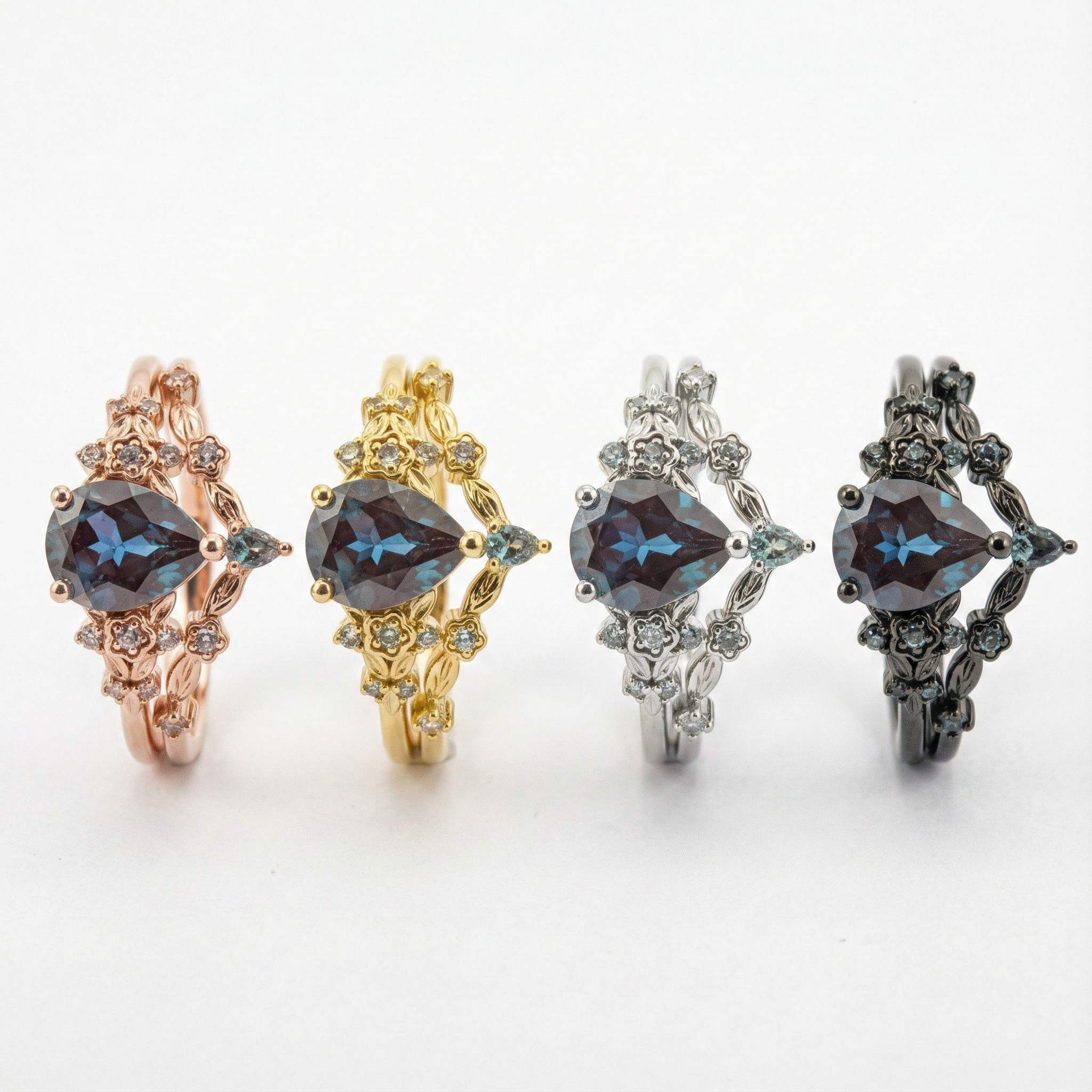 Botanical Elegance -Pear Cut Lab Alexandrite Black Gold Engagement Ring Set Floral Ring