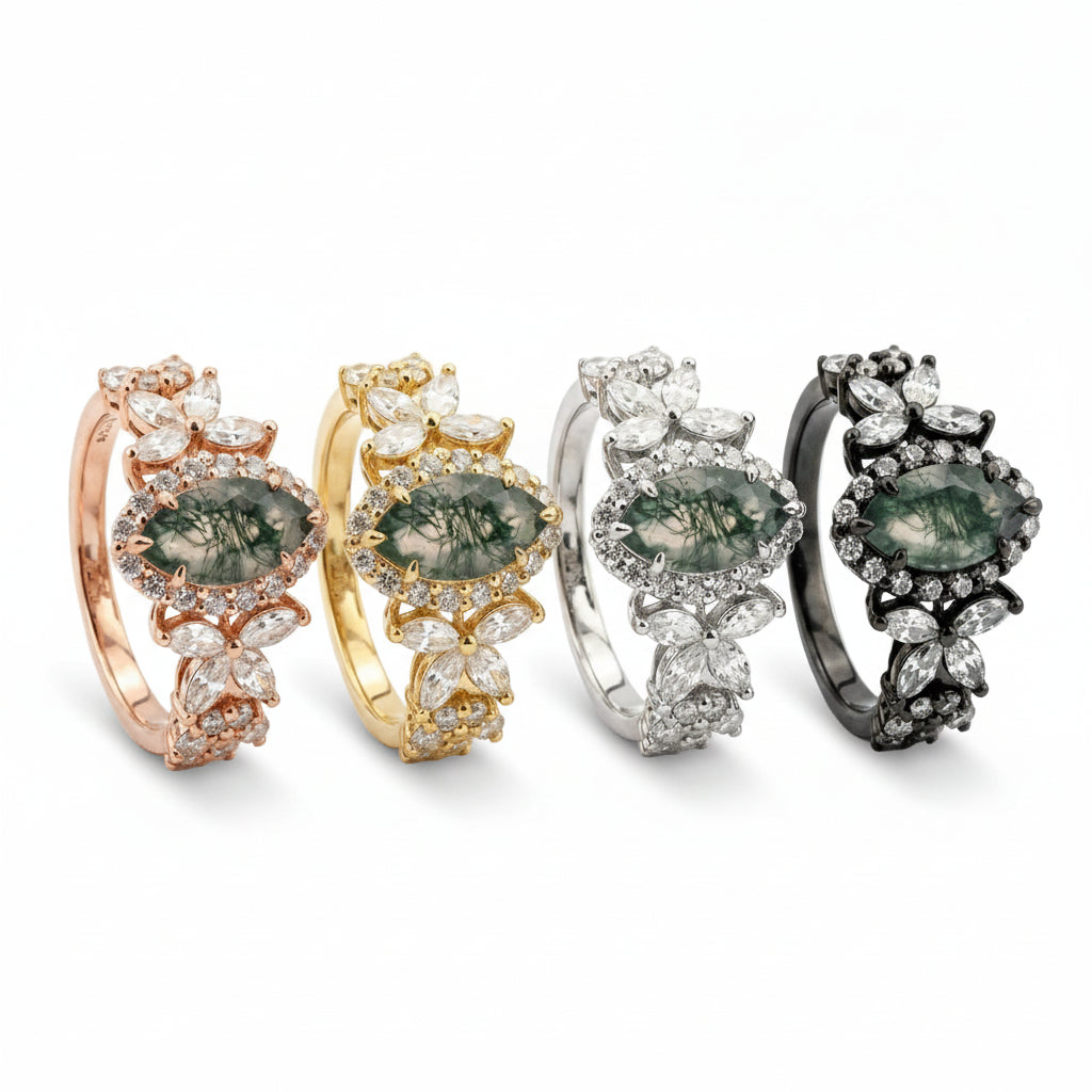 Lifestyle view of Marquise Moss Agate Ring in Gold