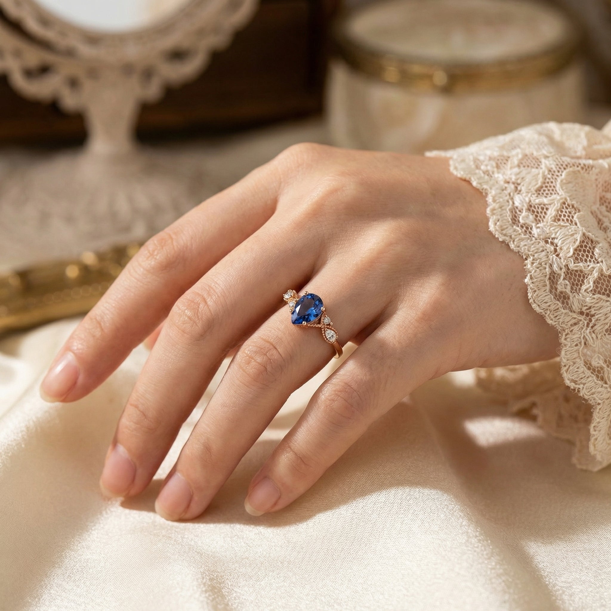 Detailed view of Pear Lab Sapphire Ring in Rose Gold