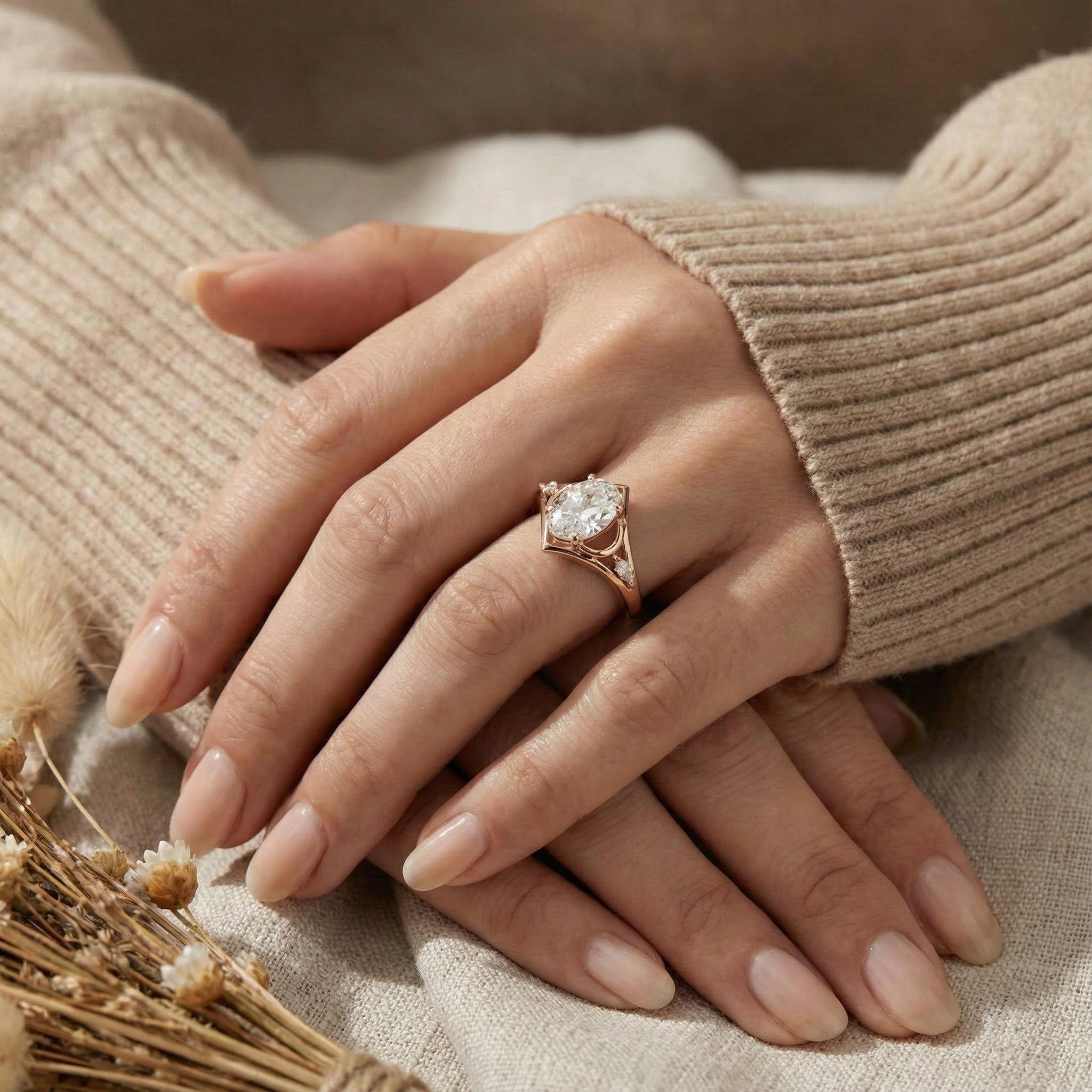 1 Carat Oval Moissanite/Diamond Three Stone Wedding Engagement Ring