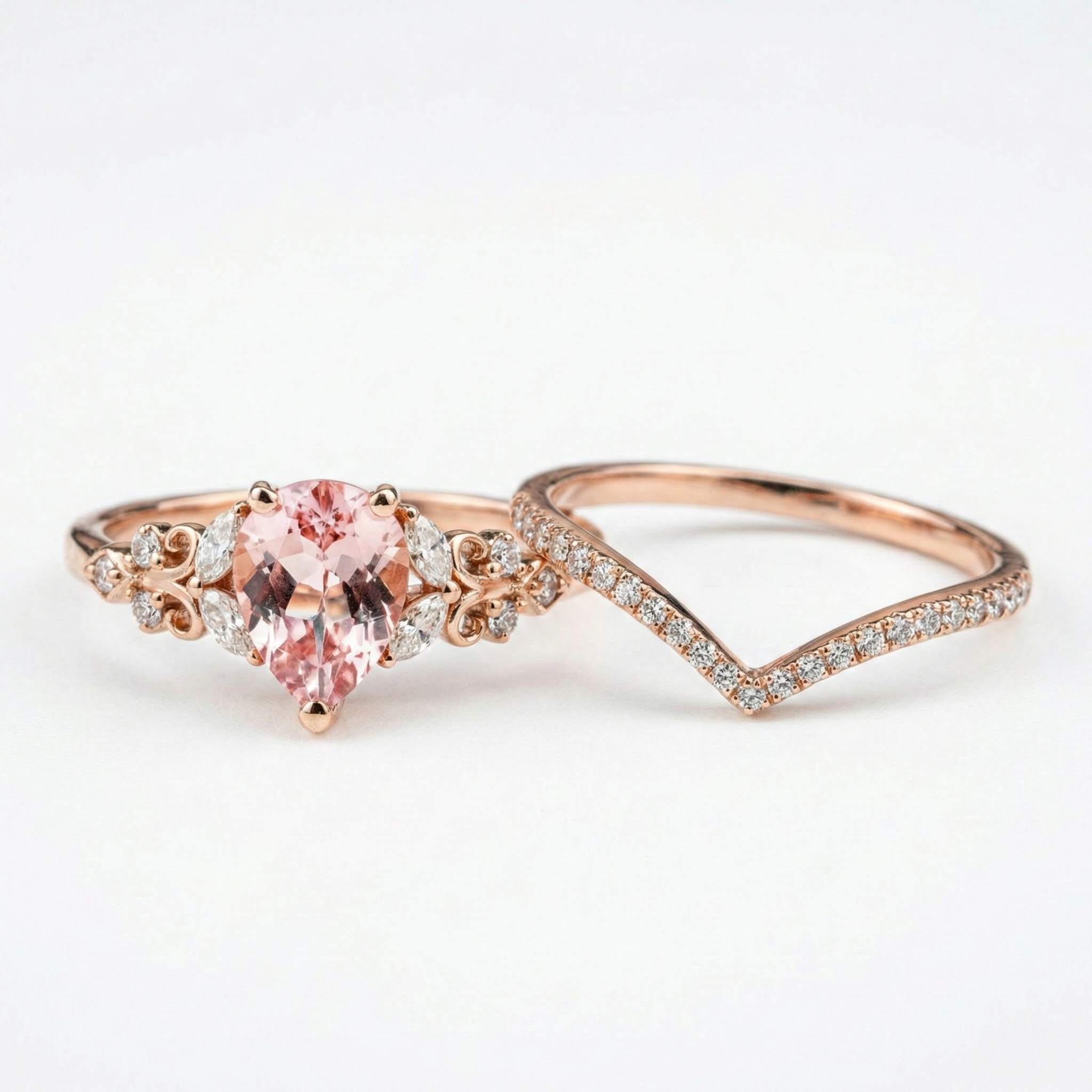 Product view of Pear Rose Quartz Ring Set in Gold