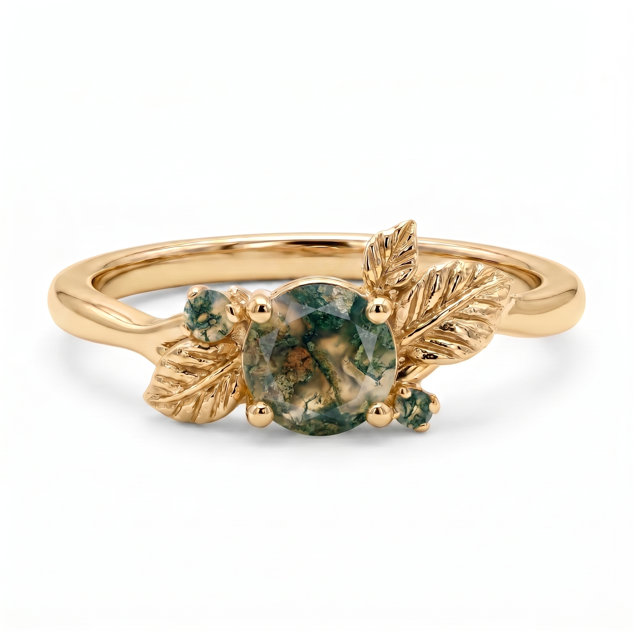 Verdelune - Round Moss Agate Leaf Ring in Gold