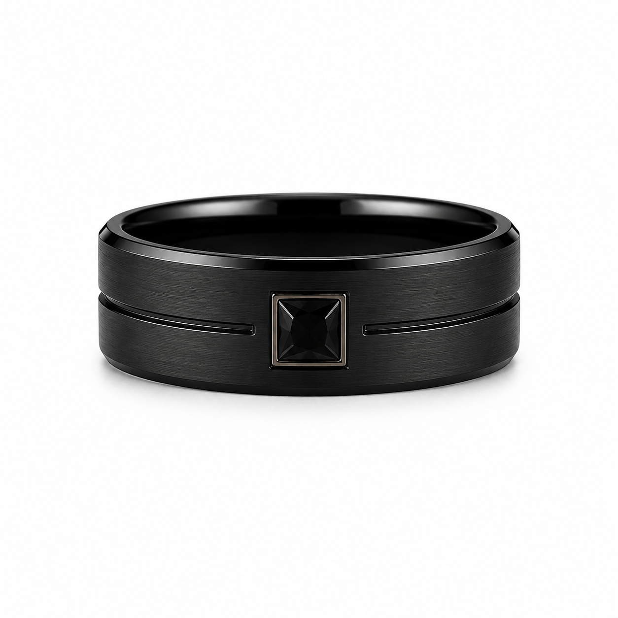 Black gold men’s wedding band with square black onyx on white background