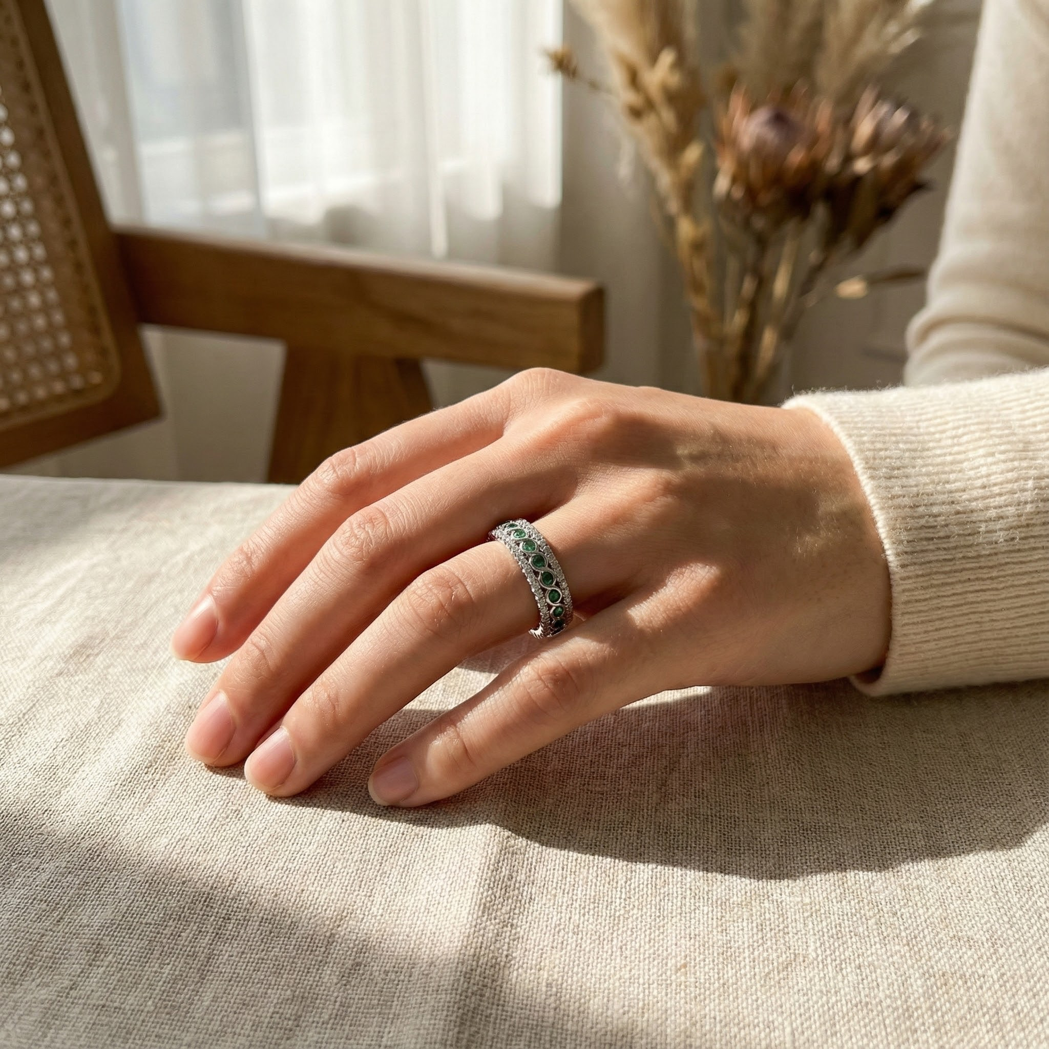 Vintage Unique Moss Agate White Gold Ring with Moissanite Moss Agate Wedding Band
