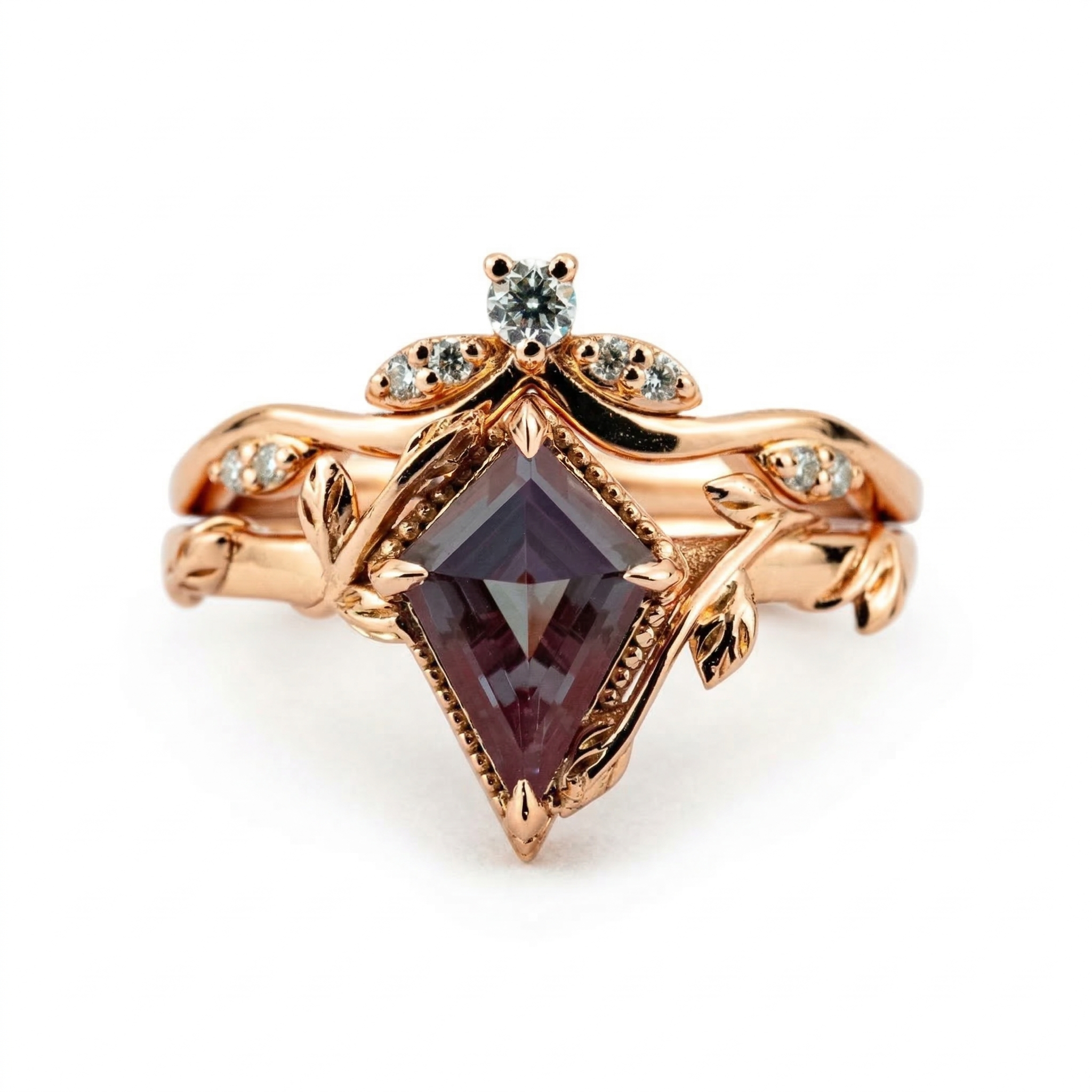 Kite Cut Alexander Engagement Leaf Ring Set Nature Inspired Design With Moissanite