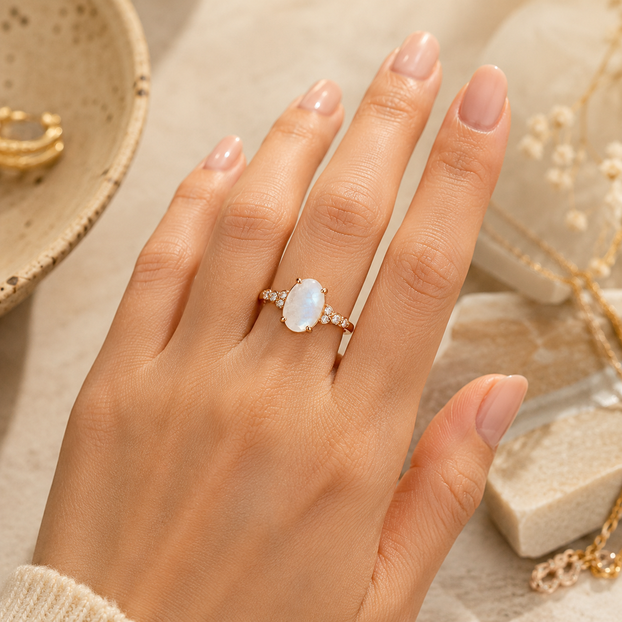 Rose gold moonstone ring with nature inspired vine band