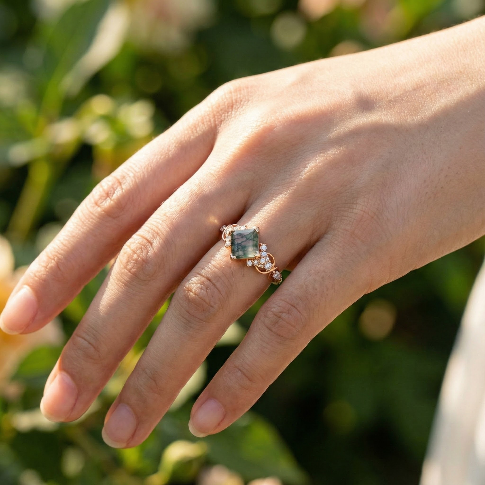 Luxurious Princess Moss Agate Ring with Moissanite - Perfect Engagement Ring