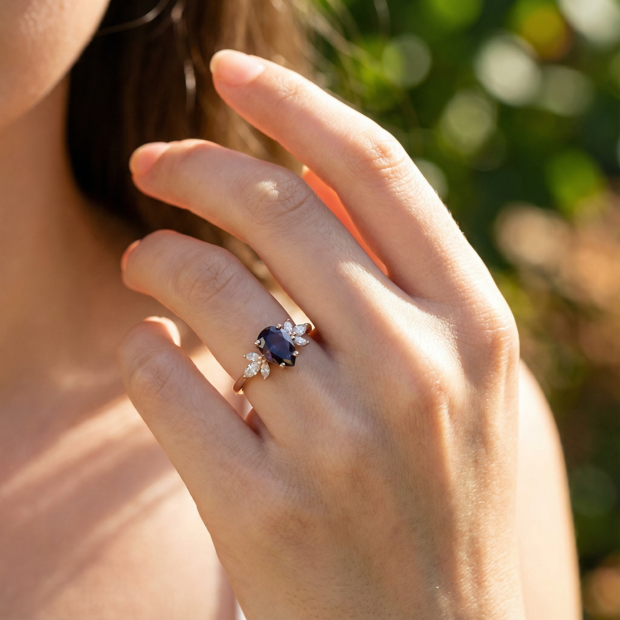 Elegant pear cut Alexandrite ring, the ultimate symbol of love and commitment.