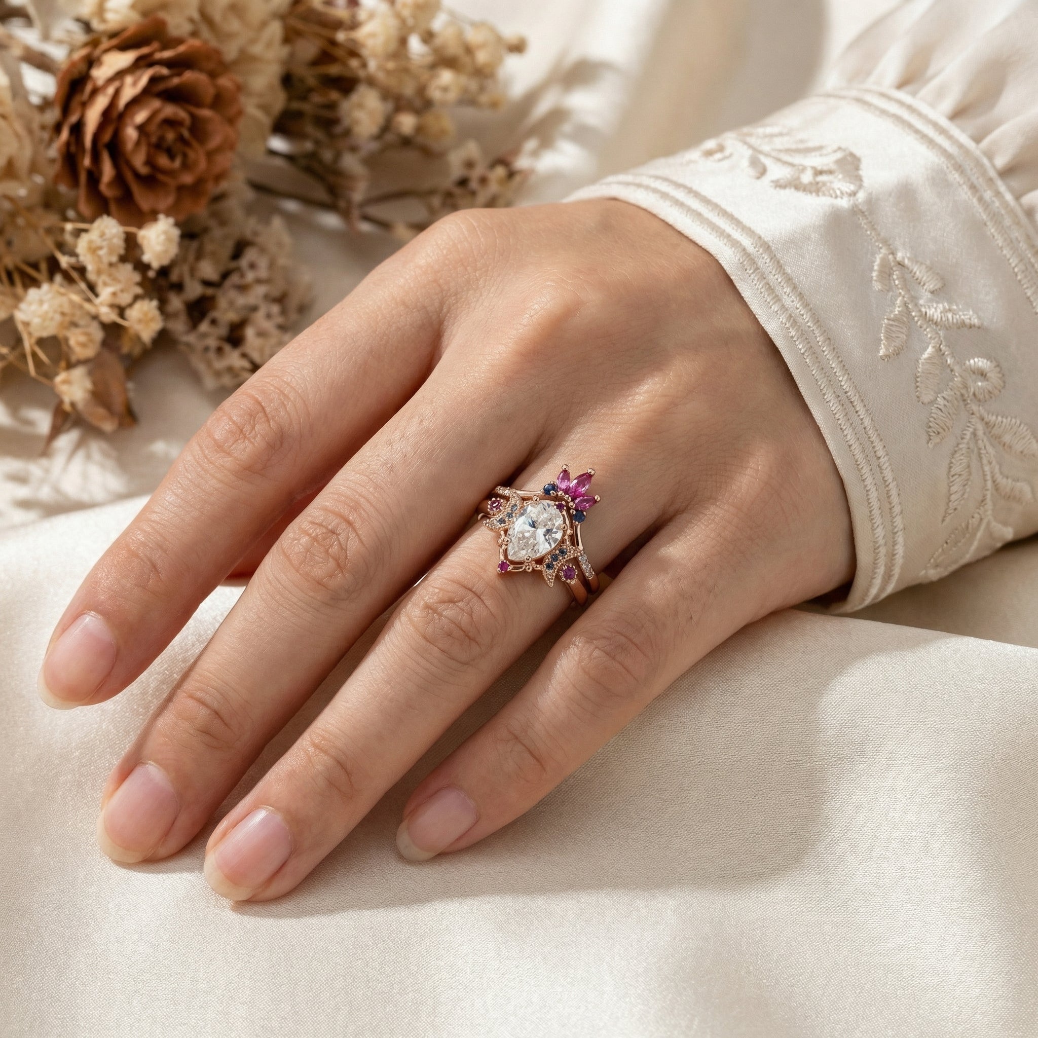 Pear Moissanite&Amethyst Engagement Ring Set.