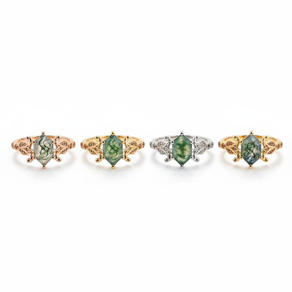 Product view of Hexagon Moss Agate Ring in Rose Gold