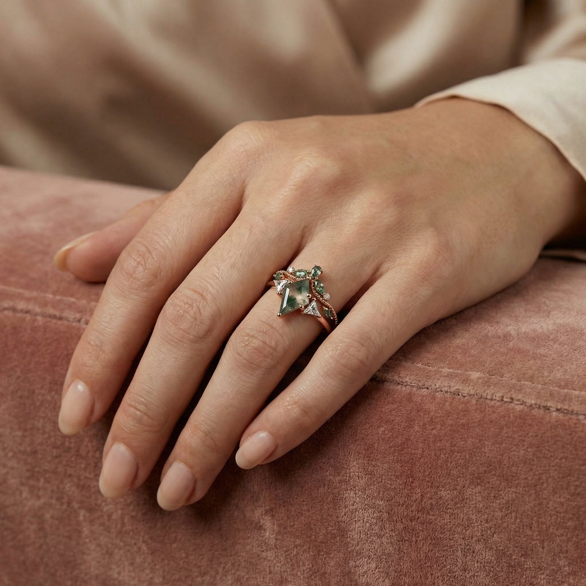 Kite Cut Moss Agate Engagement Ring Set Nature Inspired Design.