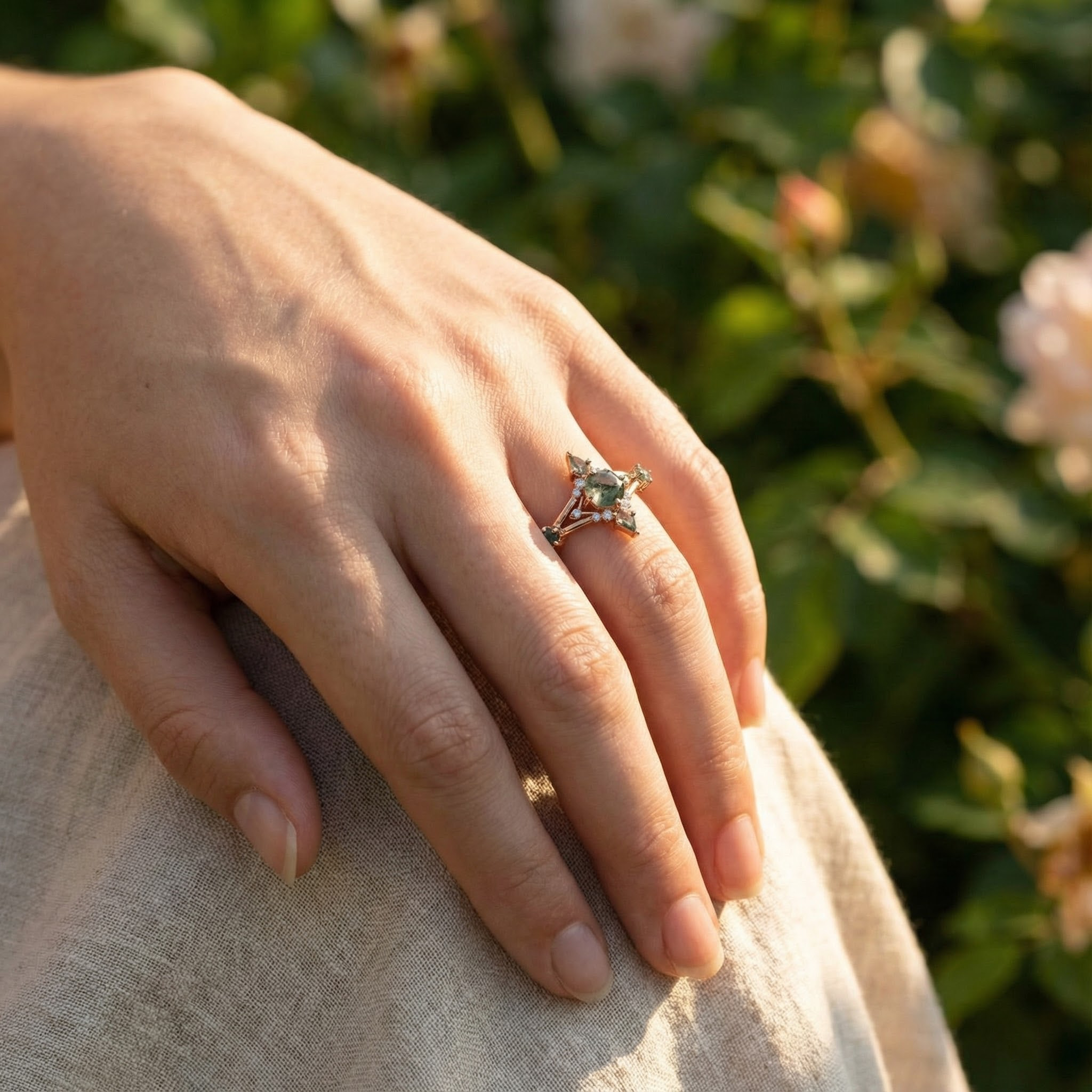 Detailed view of Moss Agate Ring in Gold