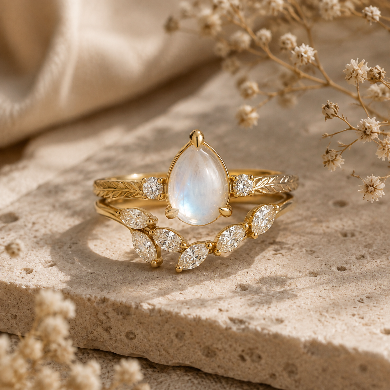 Pear Moonstone Leaf Engagement Ring – Nature Inspired Gold Bridal Ring