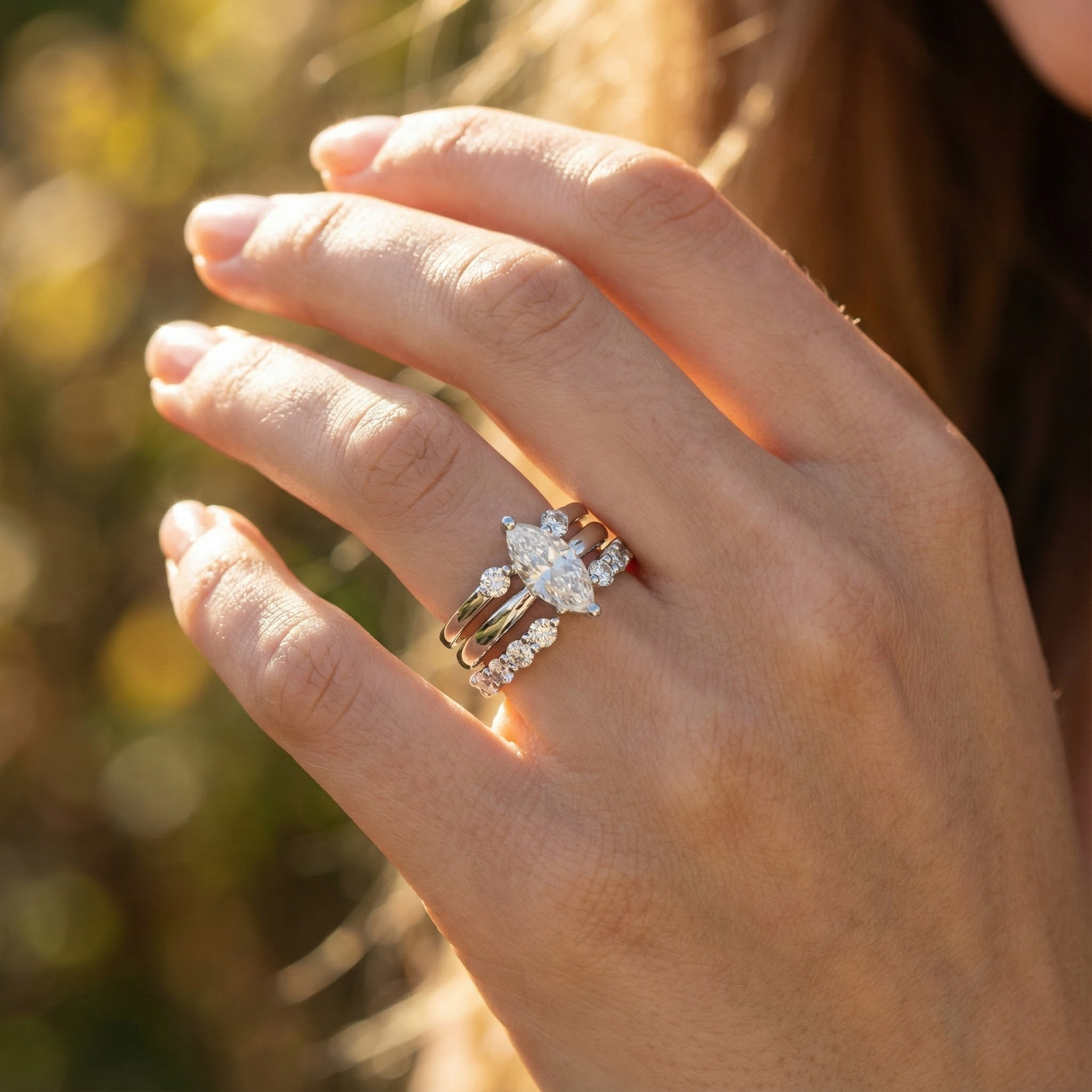 2 Carat Luxury Marquise Moissanite/Diamond Three-Piece Engagement Wedding Ring Set