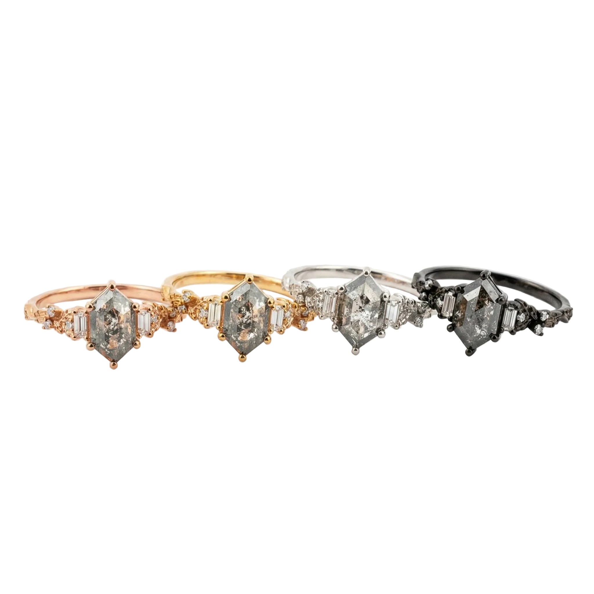 Lifestyle view of Long Hexagon Salt and Pepper Diamond Engagement Ring in Gold