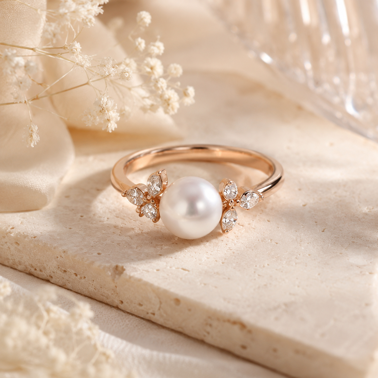 Close-up of Pearl Engagement Ring in Rose Gold with fine jewelry details