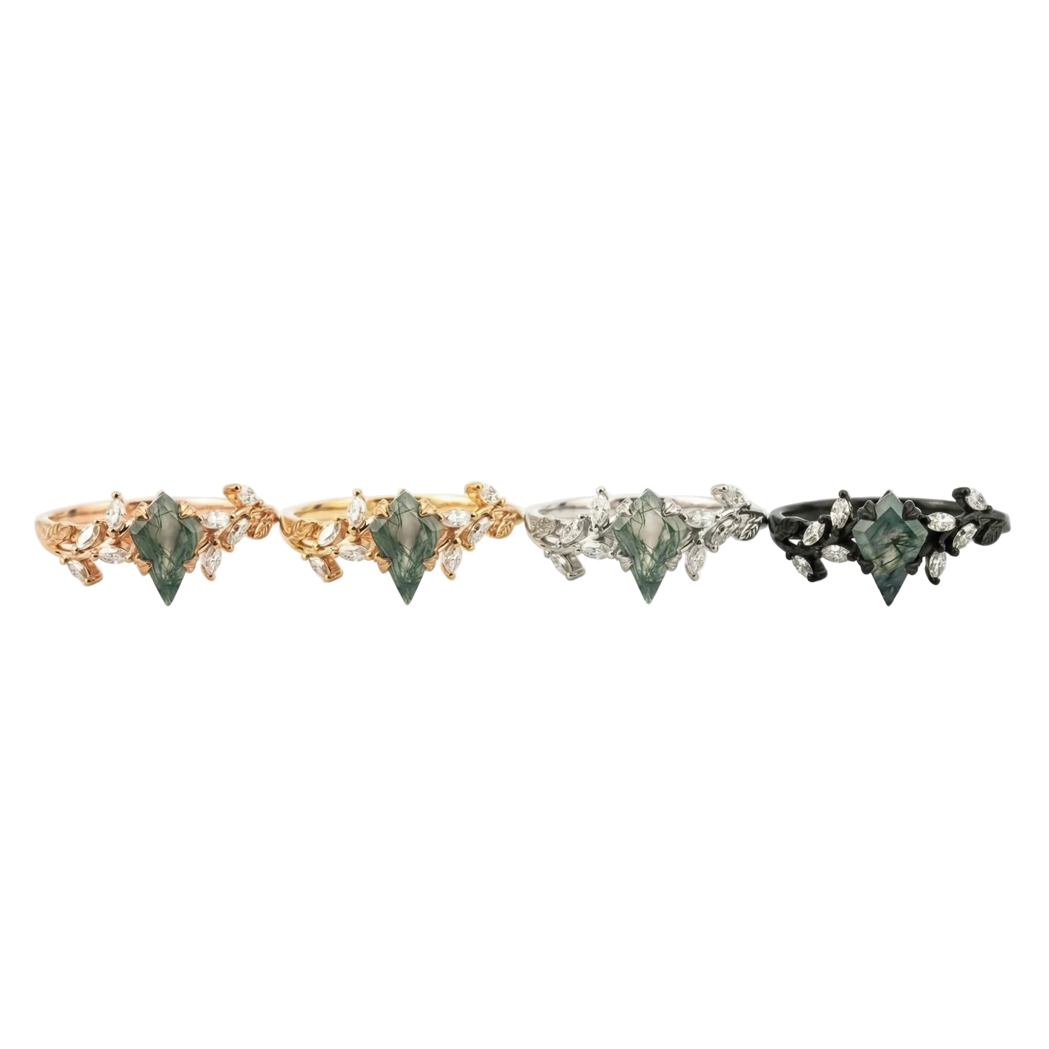 Lifestyle view of Kite Cut Moss Agate Ring in Gold