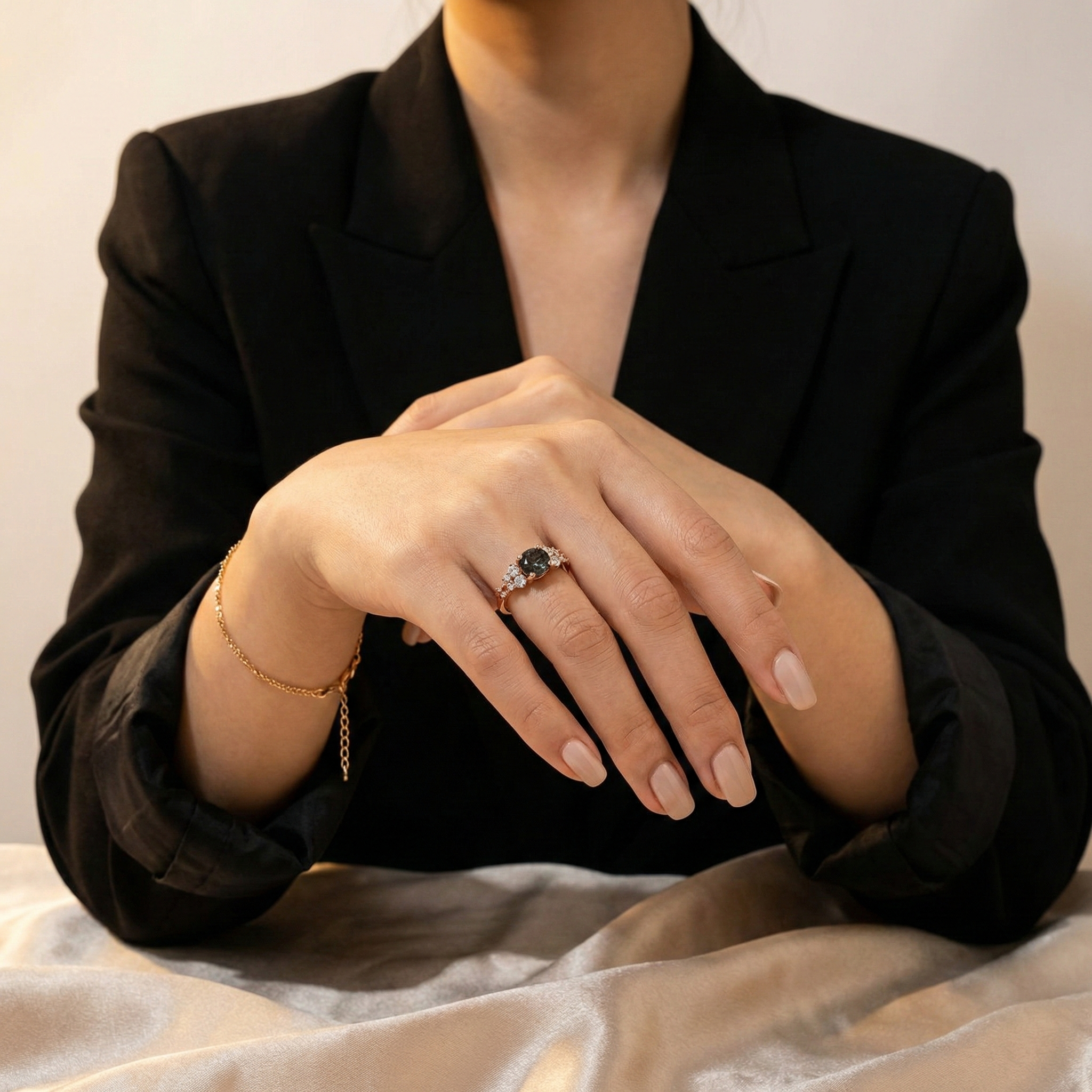 Black tourmaline combined with amethyst and lab alexandrite Ring.