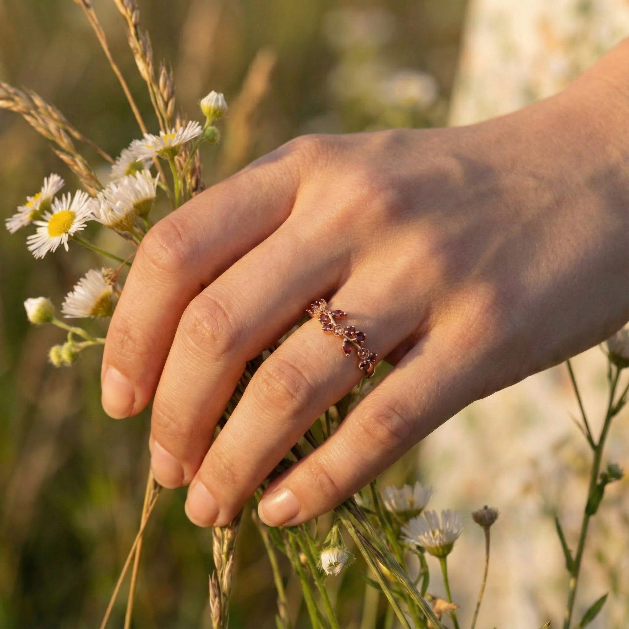 Botanical Elegance - Garnet Rose Gold Leaf Ring Floarl Ring Nature-Inspired Design Engagement Ring