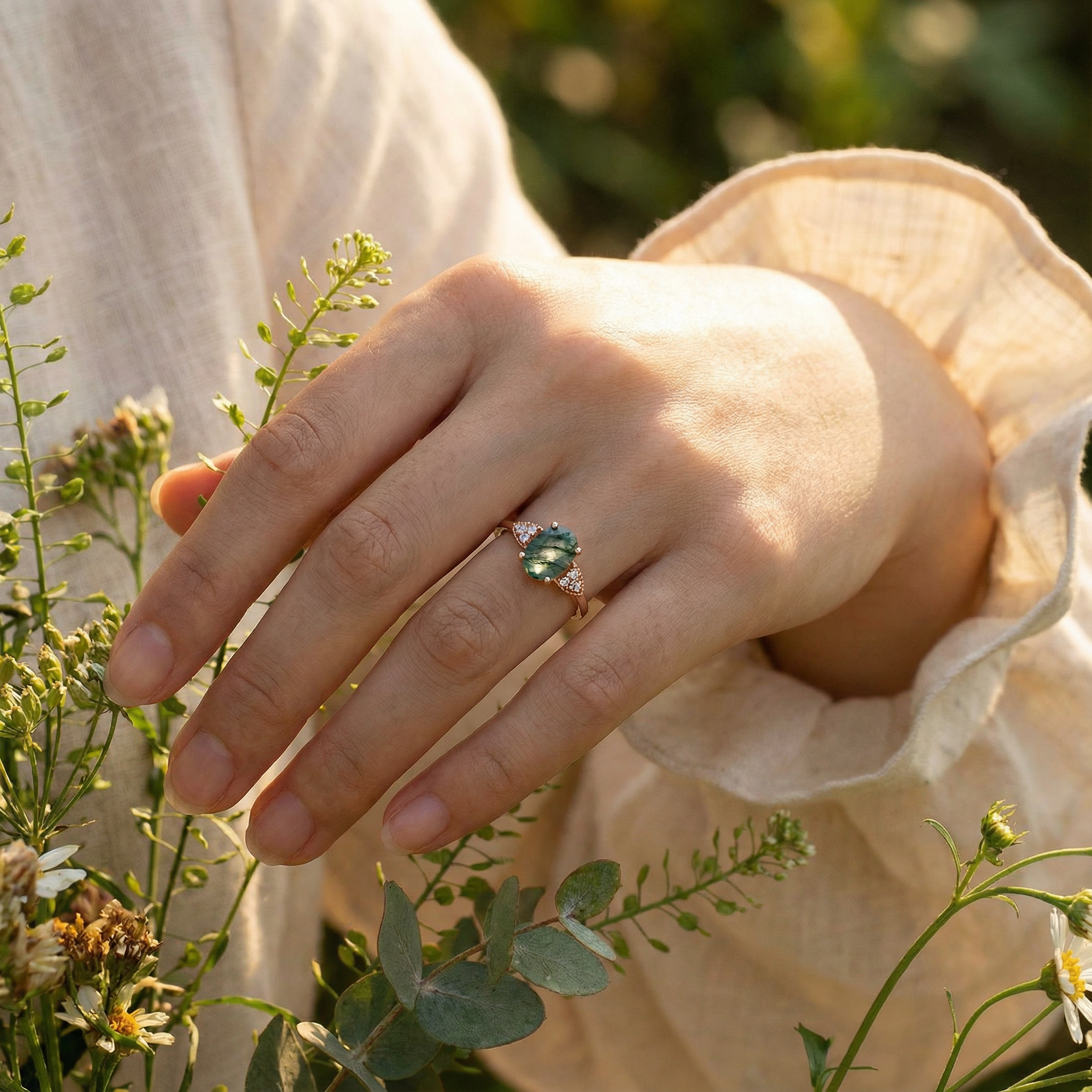 Detailed view of Oval Moss Agate Engagement Ring in Gold