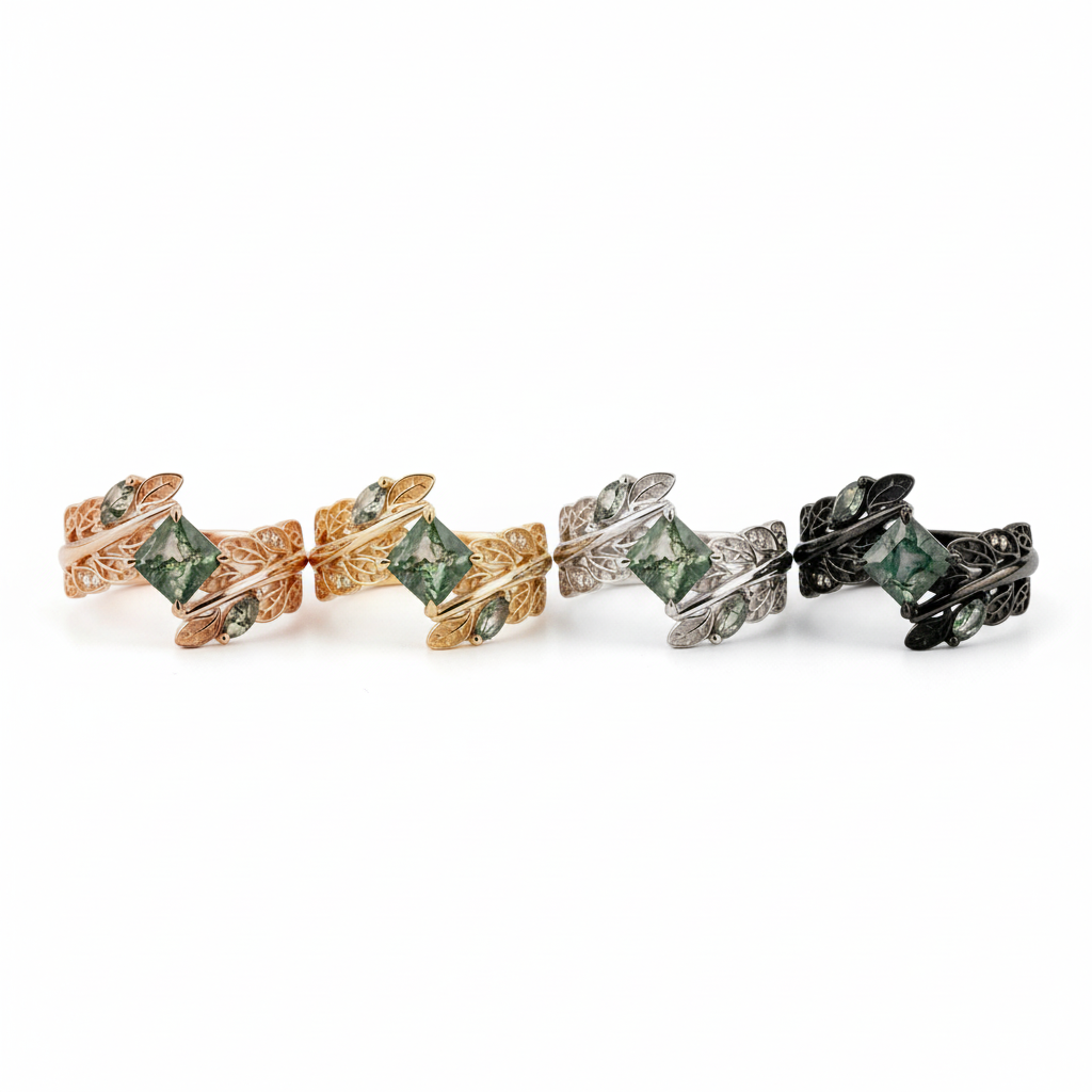 PETALIS - Princess Moss Agate Wedding Rose Gold Leaf Ring Floral Engagement Ring