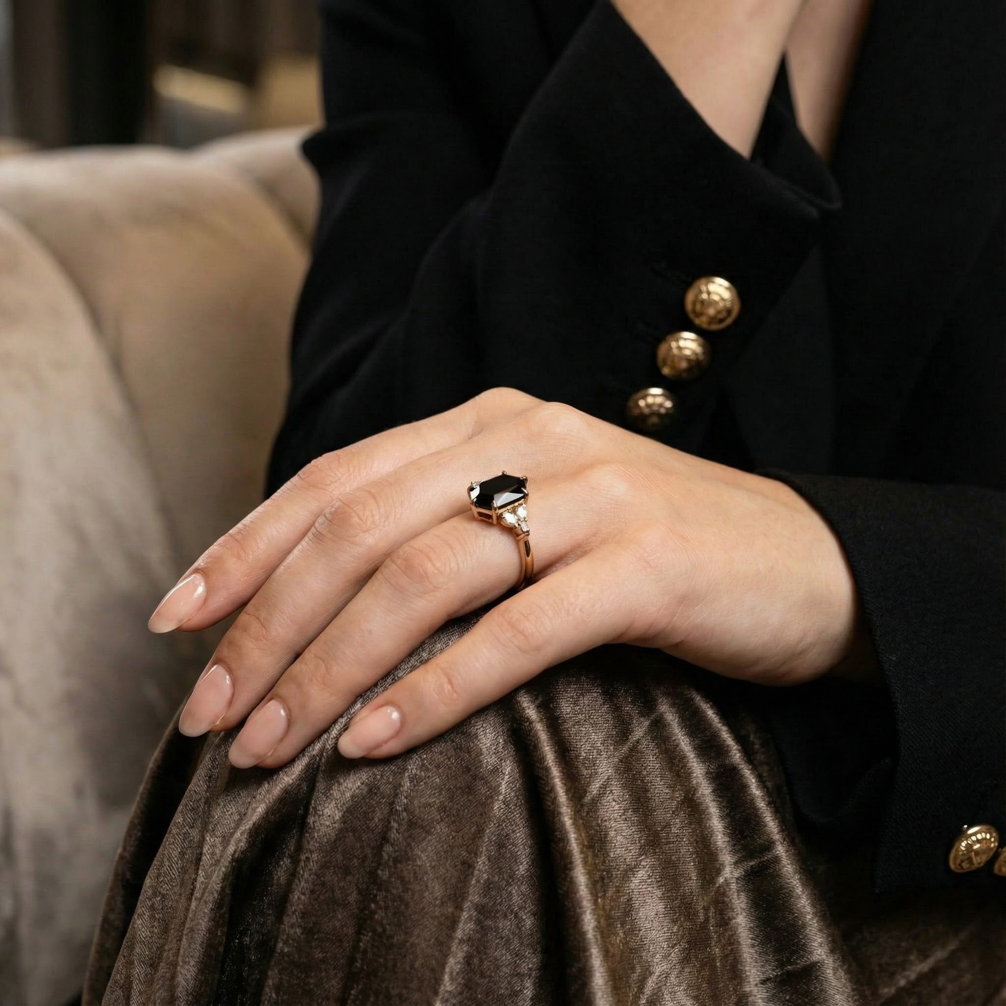 Long Hexagon Onyx Ring for Engagement with Moissanite